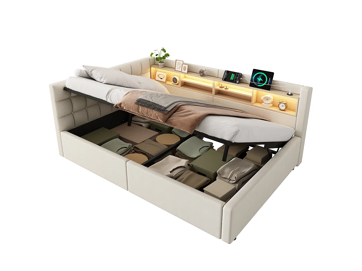 Letto contenitore 140 x 200 cm con vano contenitore idraulico, ripiani, illuminazione a LED regolabile e porta USB - Lino - Beige (Materasso non incluso)