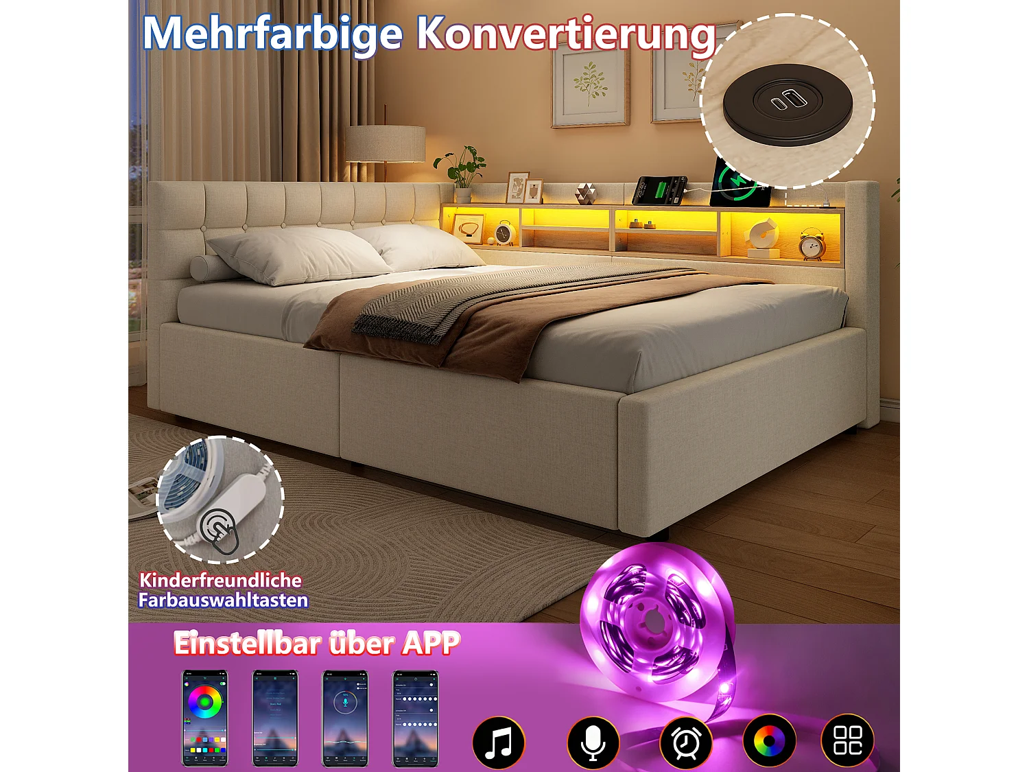 Letto contenitore 140 x 200 cm con vano contenitore idraulico, ripiani, illuminazione a LED regolabile e porta USB - Lino - Beige (Materasso non incluso)