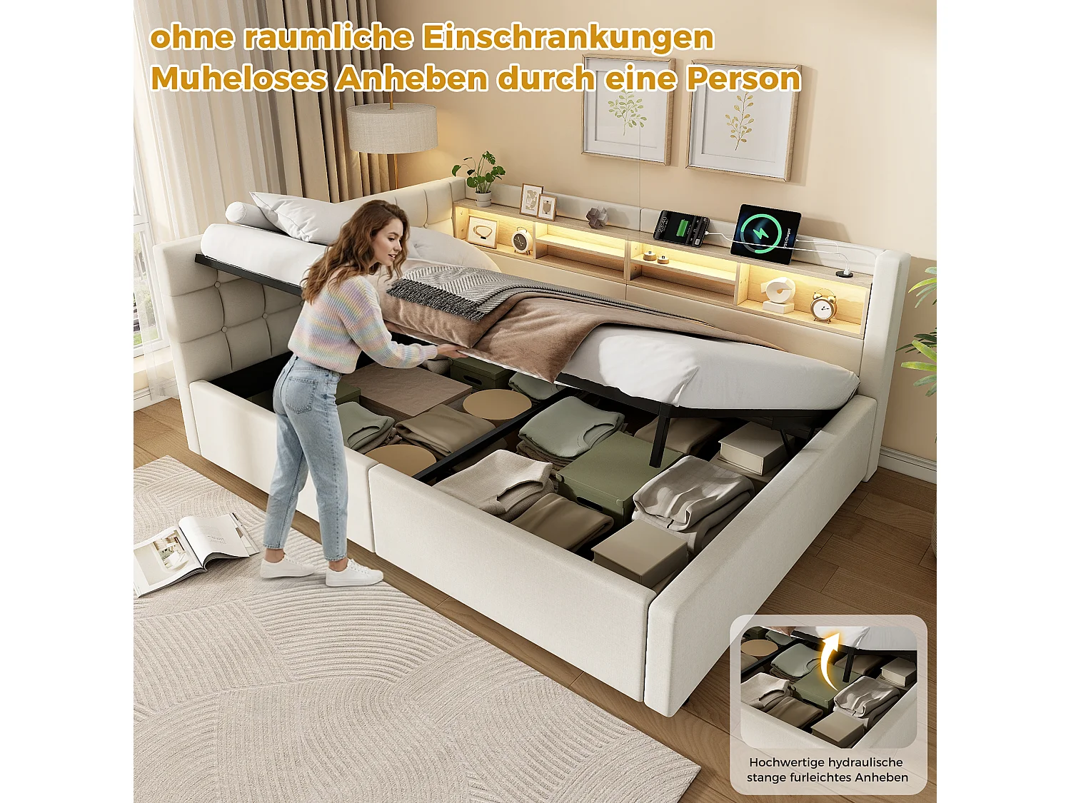 Letto contenitore 140 x 200 cm con vano contenitore idraulico, ripiani, illuminazione a LED regolabile e porta USB - Lino - Beige (Materasso non incluso)