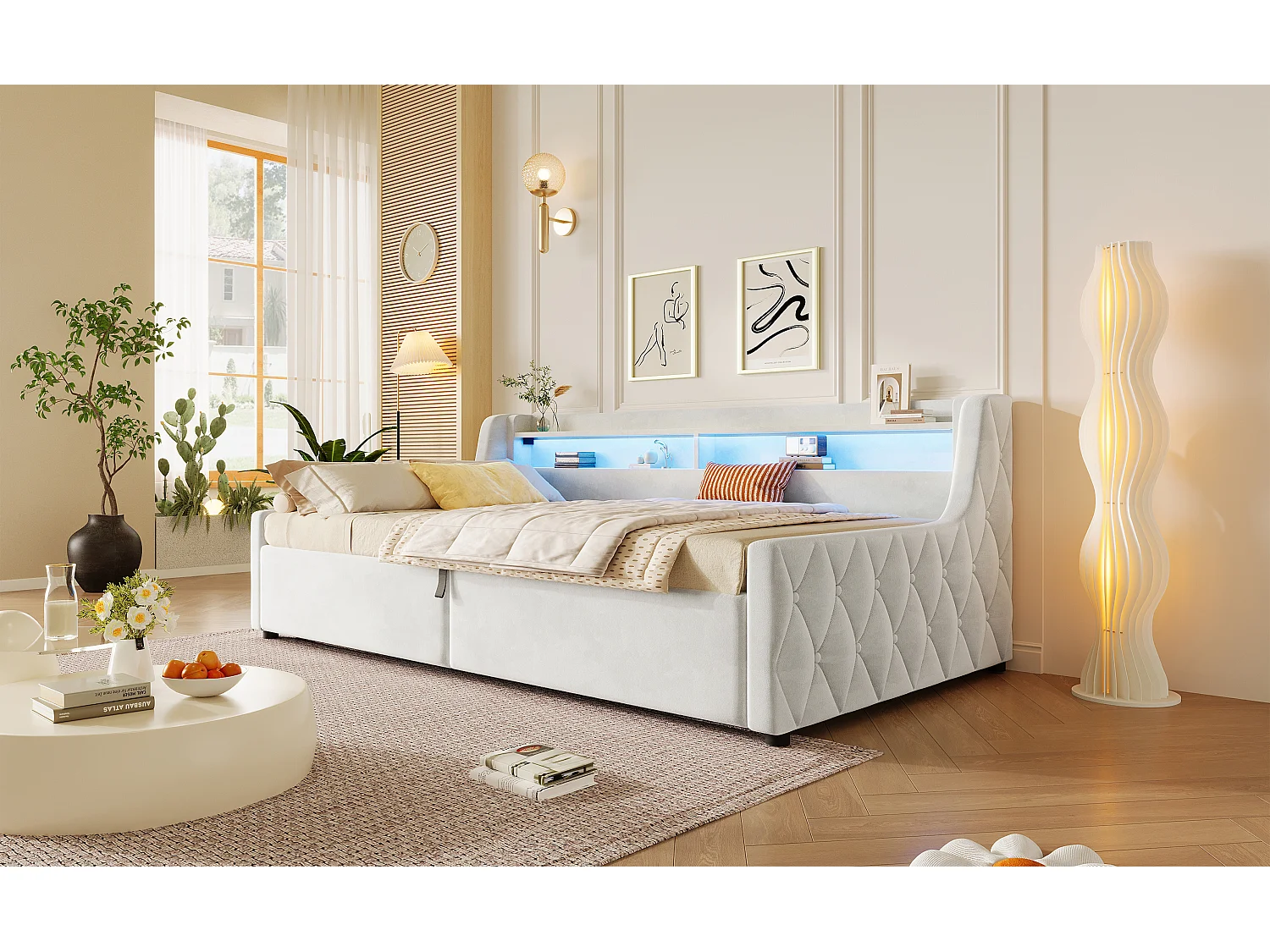 Letto contenitore 90 x 200 cm con testiera a LED - Flanella e MDF - Beige (materasso non incluso)