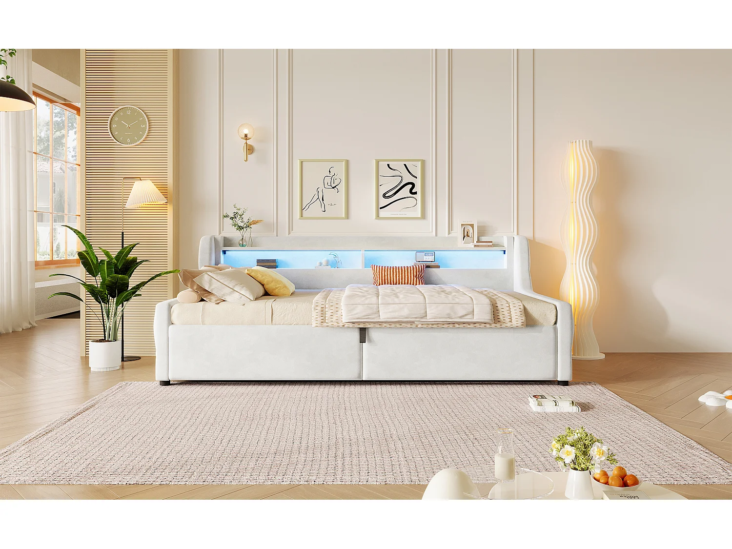 Letto contenitore 90 x 200 cm con testiera a LED - Flanella e MDF - Beige (materasso non incluso)