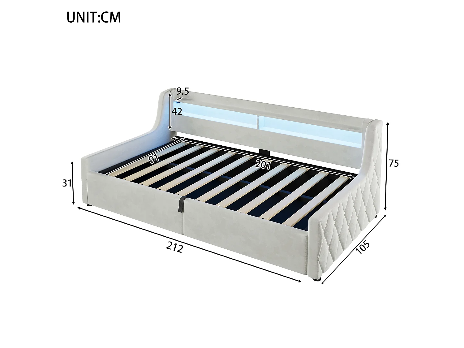 Letto contenitore 90 x 200 cm con testiera a LED - Flanella e MDF - Beige (materasso non incluso)