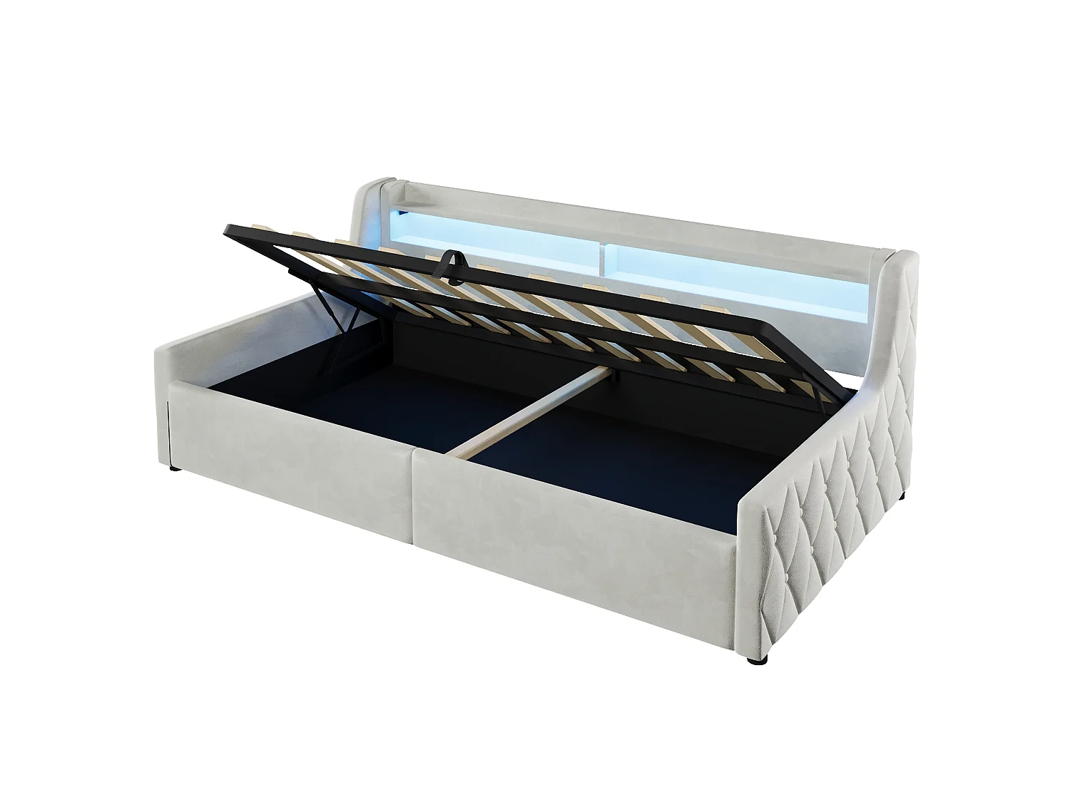 Letto contenitore 90 x 200 cm con testiera a LED - Flanella e MDF - Beige (materasso non incluso)
