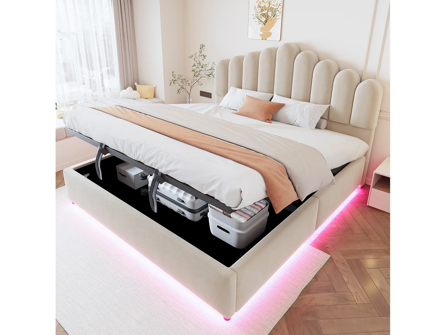 Lit coffre 180 x 200 cm avec coffre de rangement hydraulique et LED - Velours + MDF - Beige (Sans matelas)