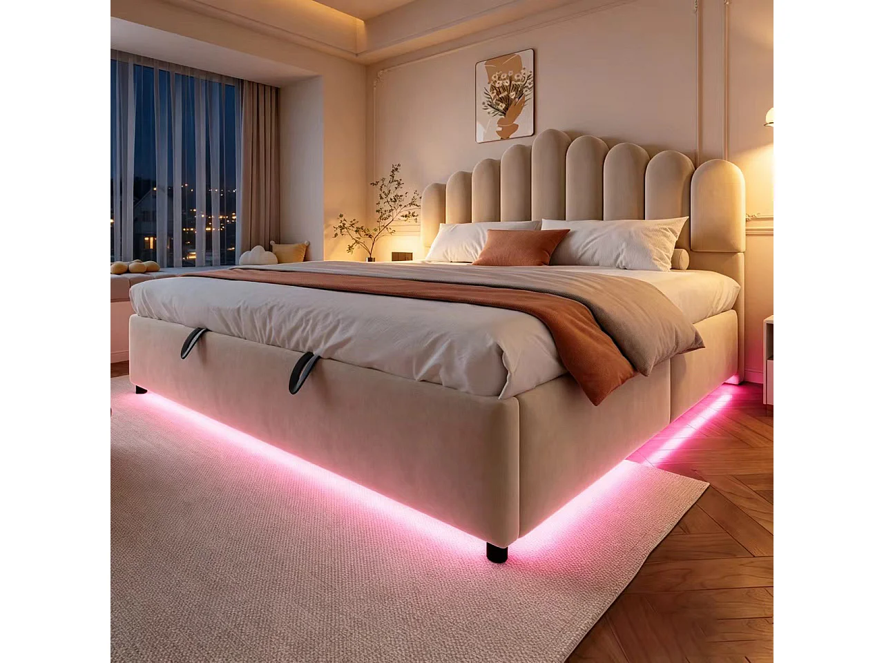 Lit coffre 180 x 200 cm avec coffre de rangement hydraulique et LED - Velours + MDF - Beige (Sans matelas)
