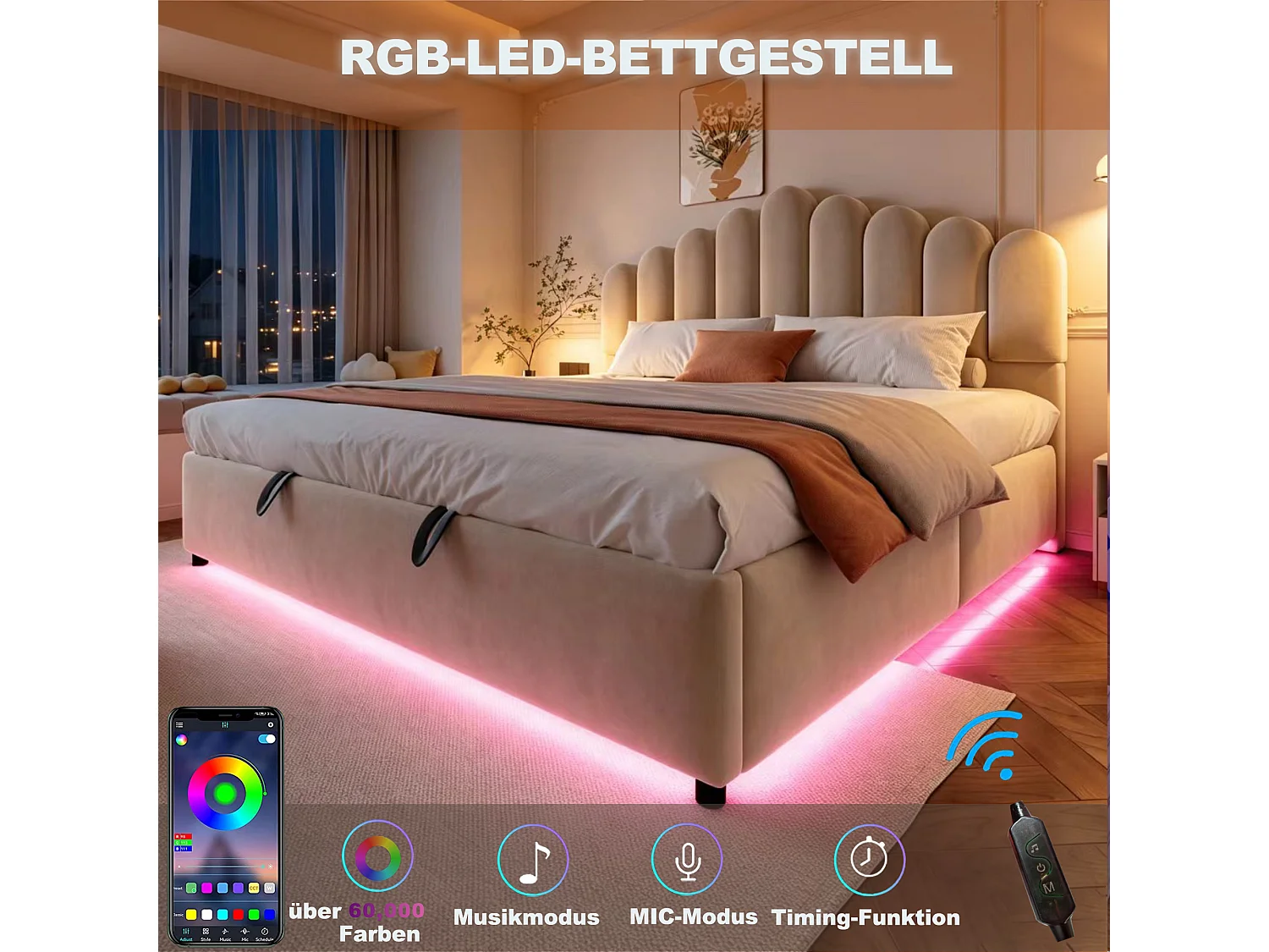 Lit coffre 180 x 200 cm avec coffre de rangement hydraulique et LED - Velours + MDF - Beige (Sans matelas)