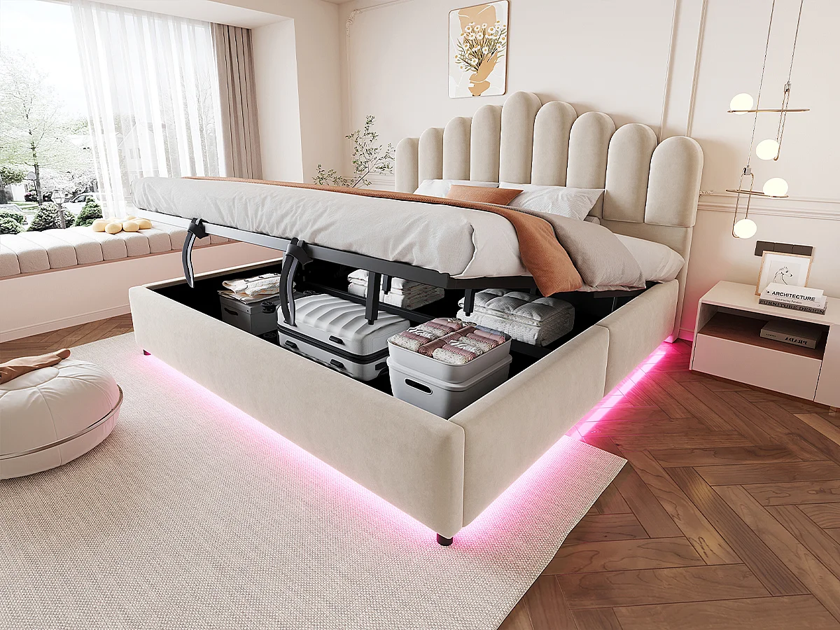 Lit coffre 180 x 200 cm avec coffre de rangement hydraulique et LED - Velours + MDF - Beige (Sans matelas)
