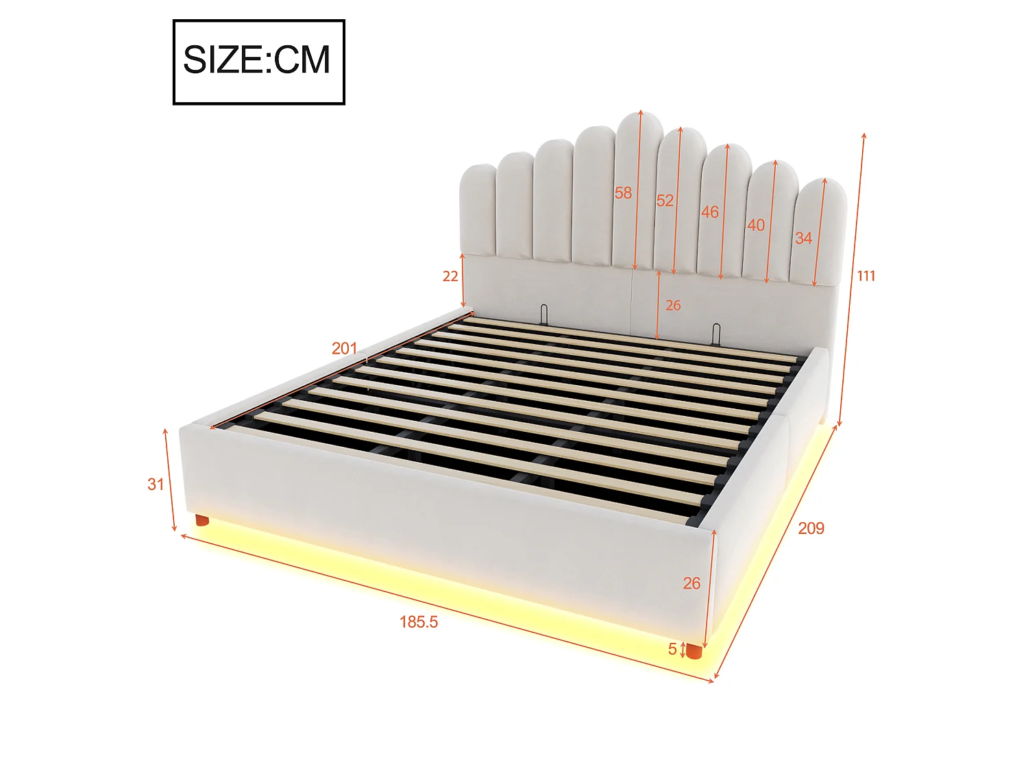 Lit coffre 180 x 200 cm avec coffre de rangement hydraulique et LED - Velours + MDF - Beige (Sans matelas)