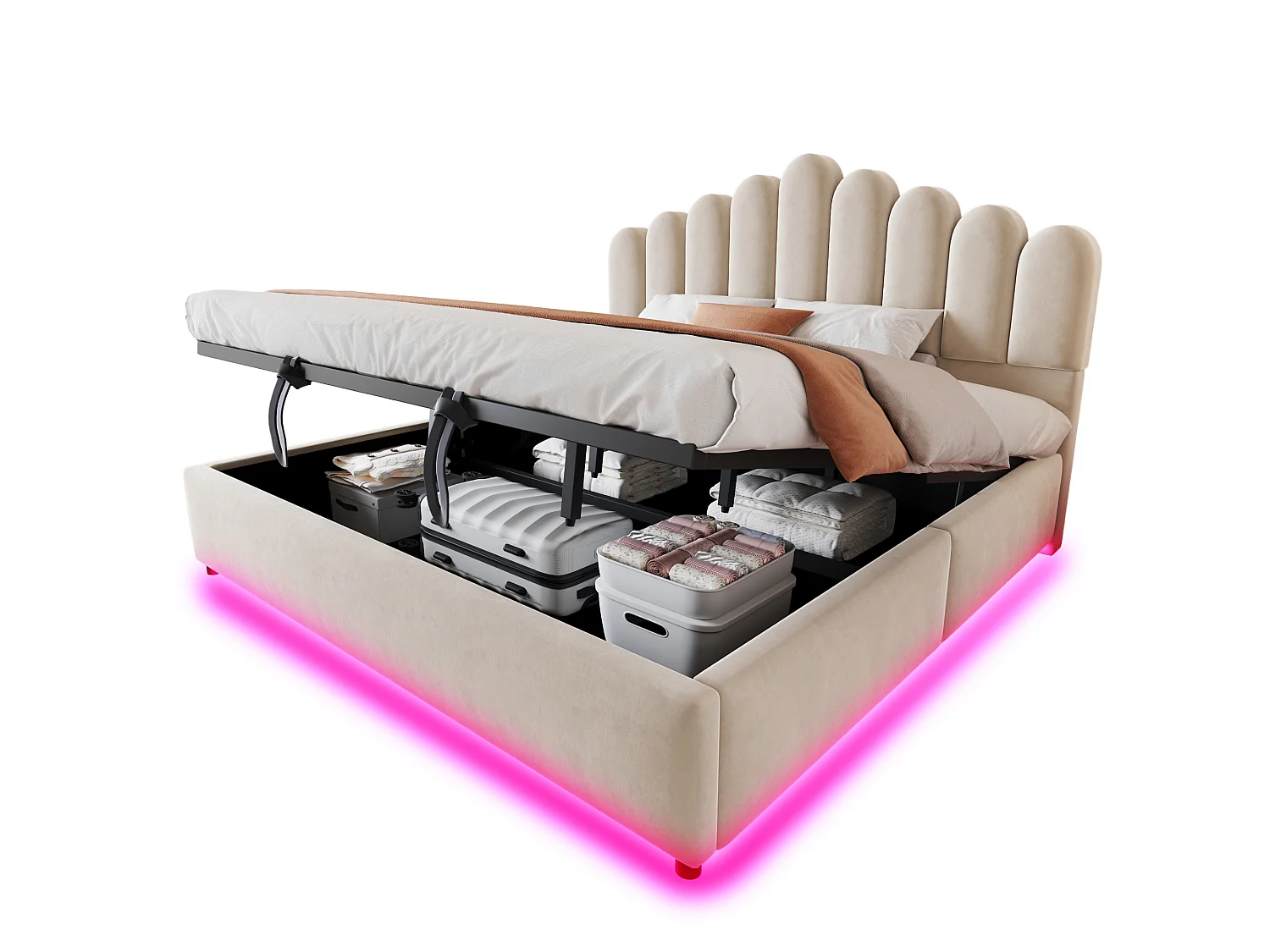 Lit coffre 180 x 200 cm avec coffre de rangement hydraulique et LED - Velours + MDF - Beige (Sans matelas)