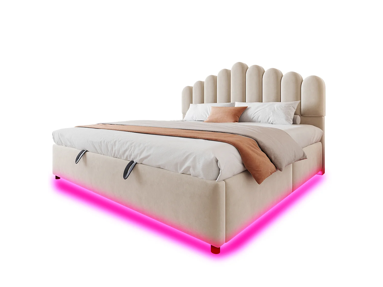 Lit coffre 180 x 200 cm avec coffre de rangement hydraulique et LED - Velours + MDF - Beige (Sans matelas)