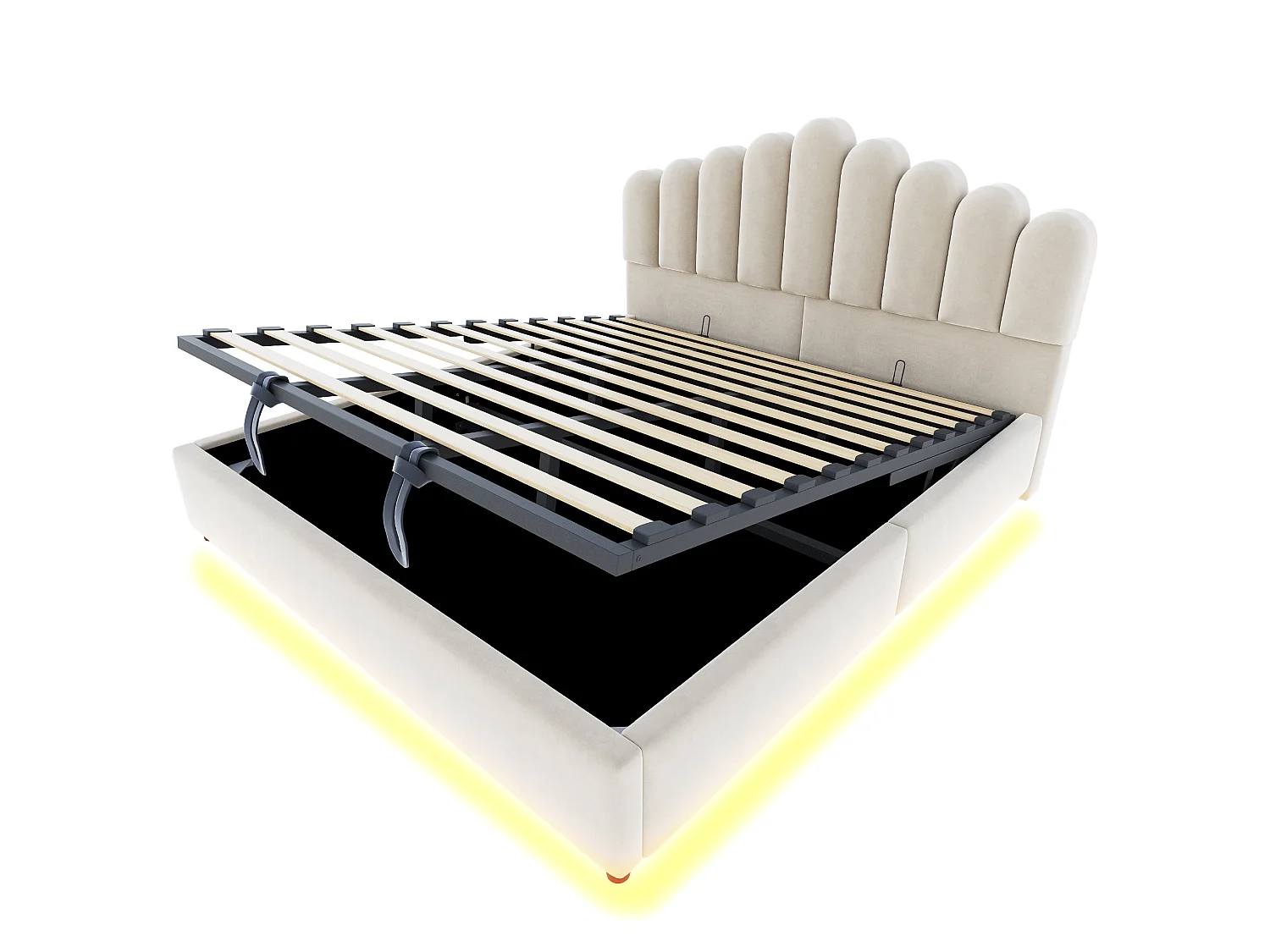 Lit coffre 180 x 200 cm avec coffre de rangement hydraulique et LED - Velours + MDF - Beige (Sans matelas)