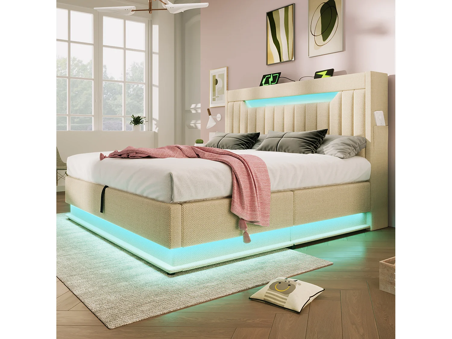 140 x 200 cm storage bed with headboard - USB & Type-C charging and LEDs - Linen fabric - Beige (mattress not included)