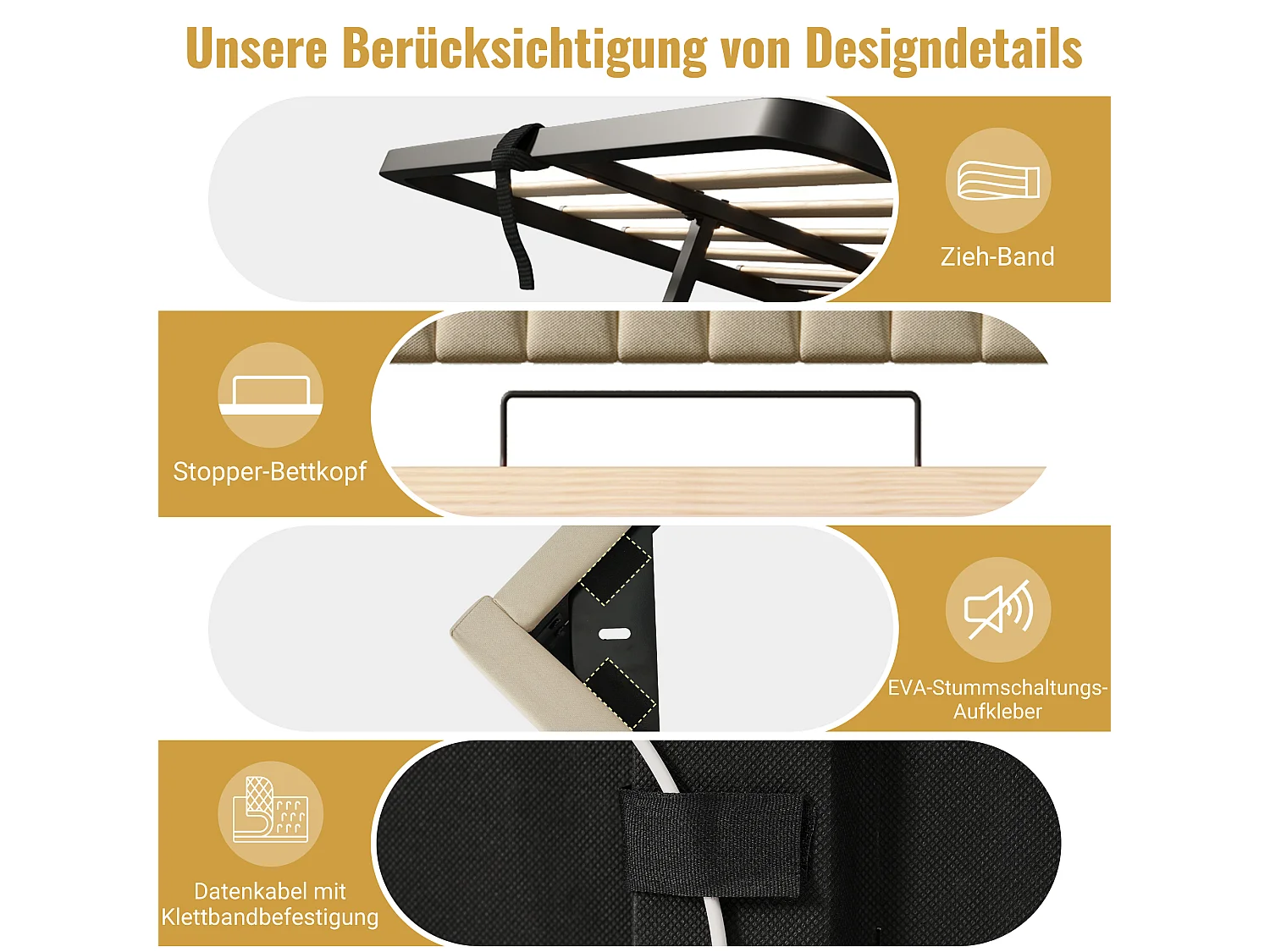 140 x 200 cm storage bed with headboard - USB & Type-C charging and LEDs - Linen fabric - Beige (mattress not included)
