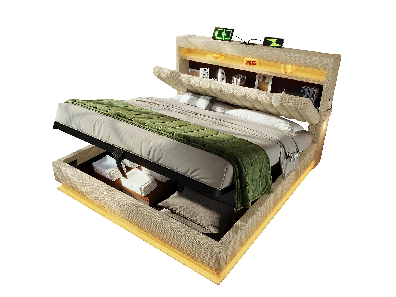 140 x 200 cm storage bed with headboard - USB & Type-C charging and LEDs - Linen fabric - Beige (mattress not included)