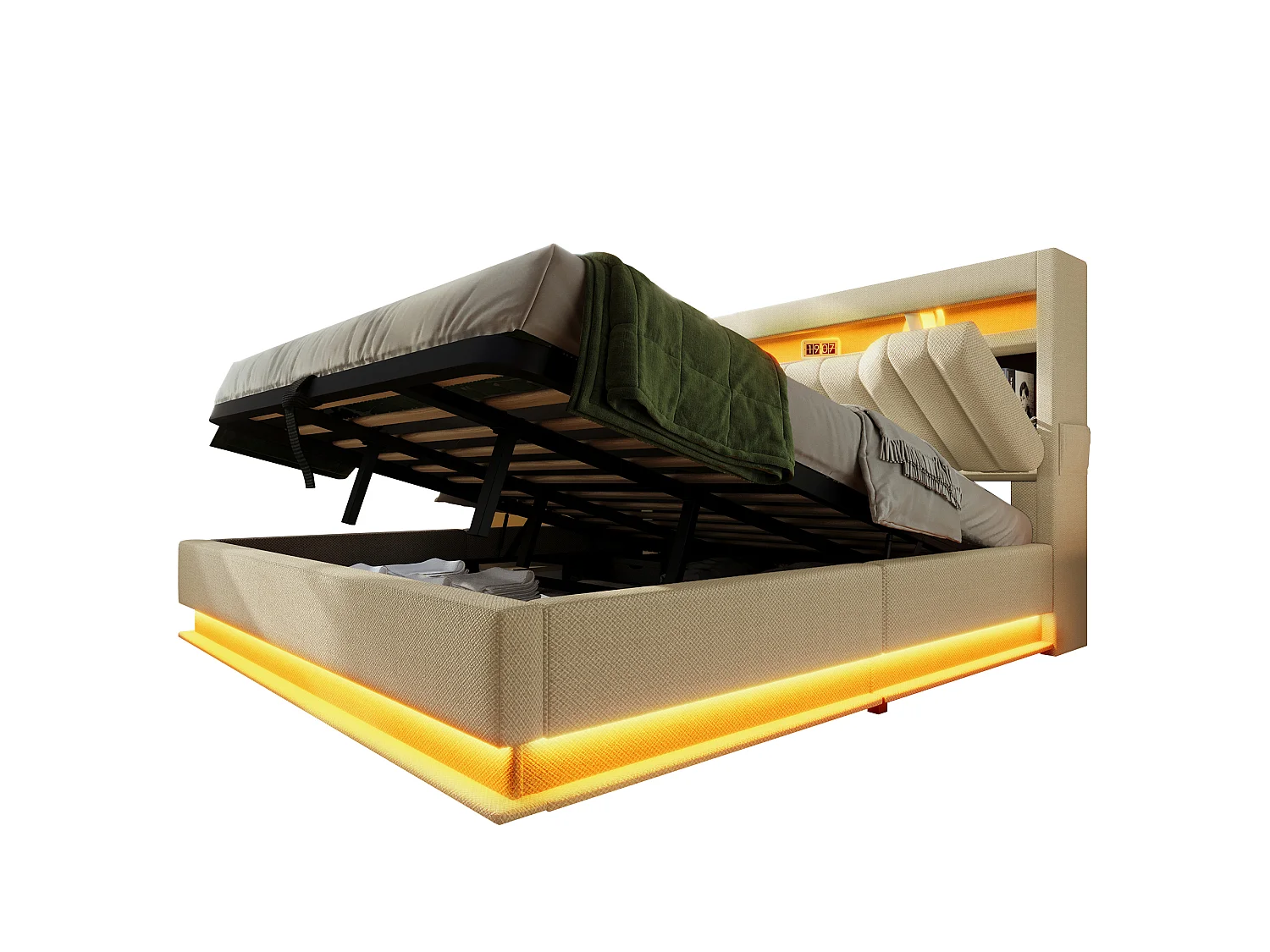 140 x 200 cm storage bed with headboard - USB & Type-C charging and LEDs - Linen fabric - Beige (mattress not included)