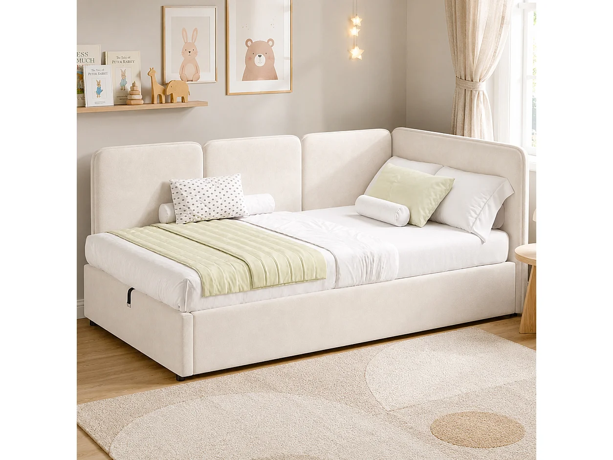 Lit coffre enfant 90 x 200 cm avec rangement hydraulique et panneaux latéraux réversibles - Velours - Beige (Sans matelas)