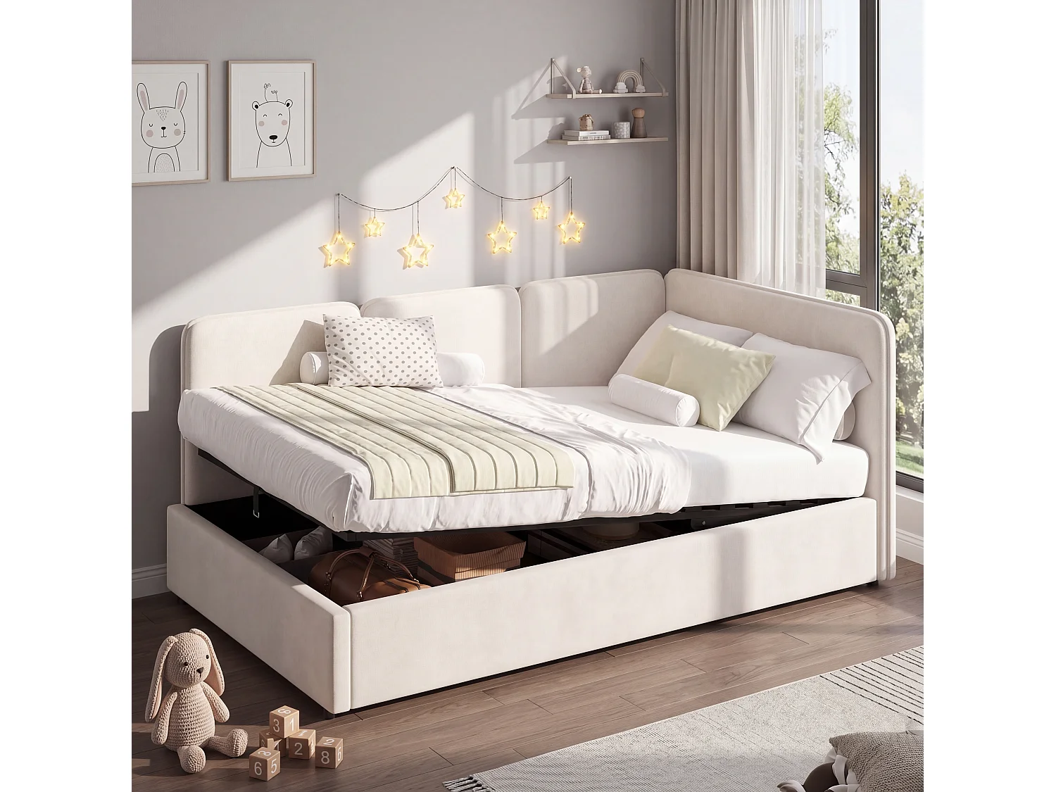 Lit coffre enfant 90 x 200 cm avec rangement hydraulique et panneaux latéraux réversibles - Velours - Beige (Sans matelas)
