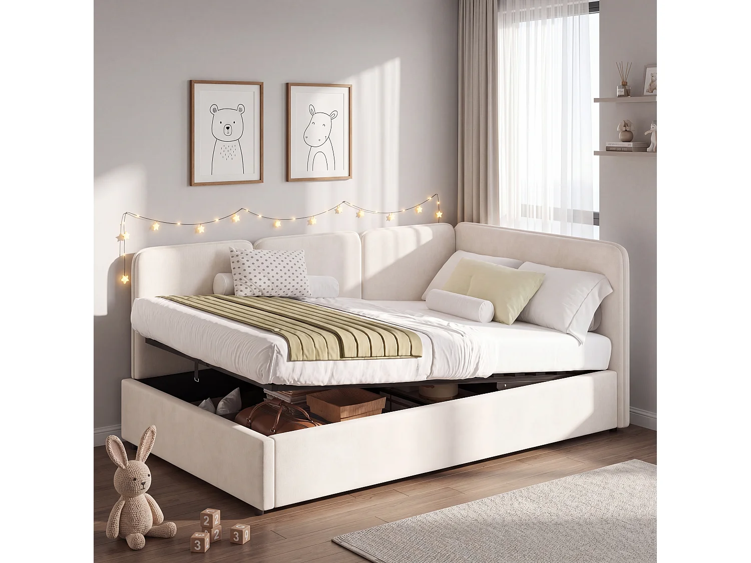 Lit coffre enfant 90 x 200 cm avec rangement hydraulique et panneaux latéraux réversibles - Velours - Beige (Sans matelas)