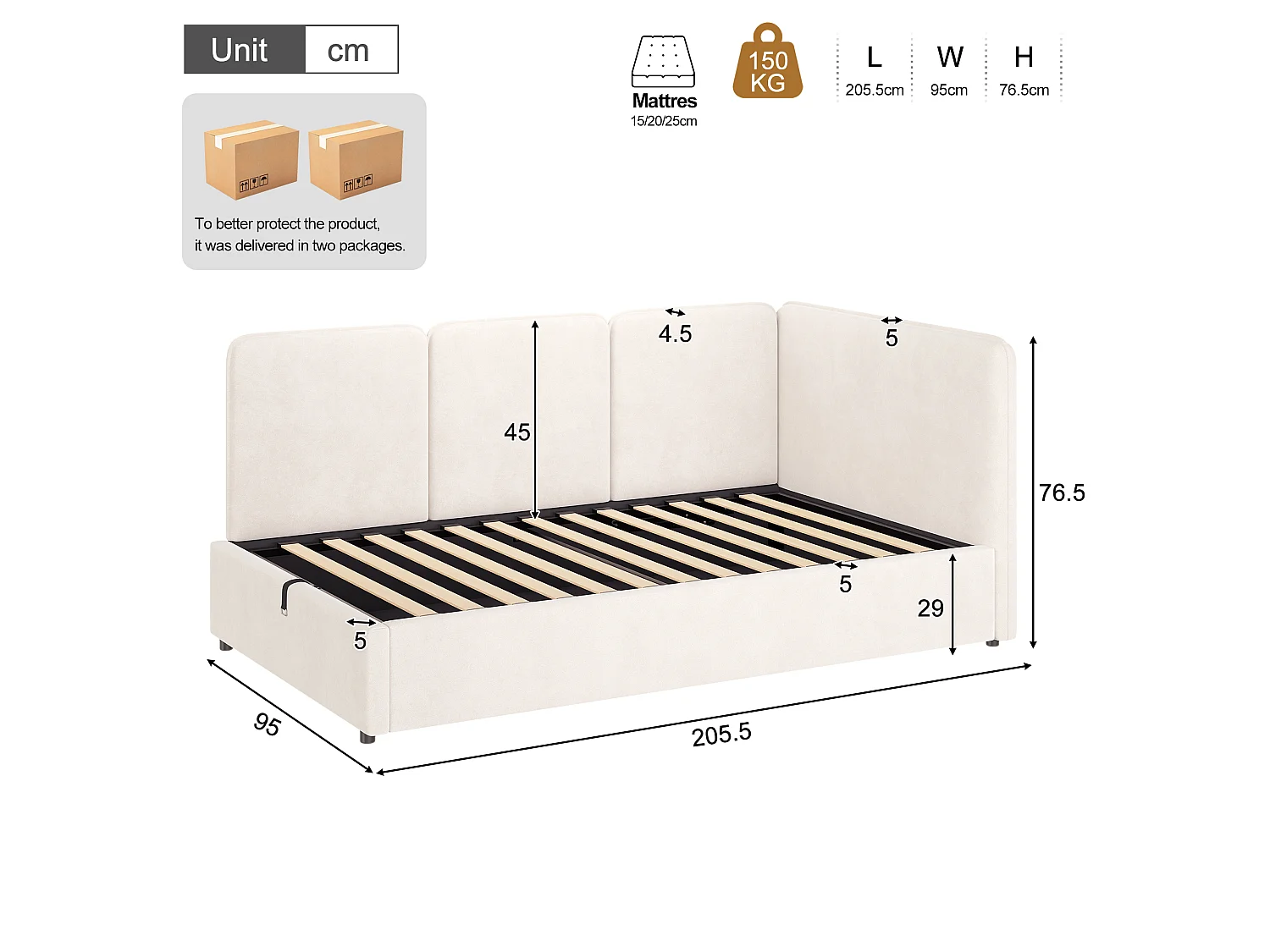 Lit coffre enfant 90 x 200 cm avec rangement hydraulique et panneaux latéraux réversibles - Velours - Beige (Sans matelas)