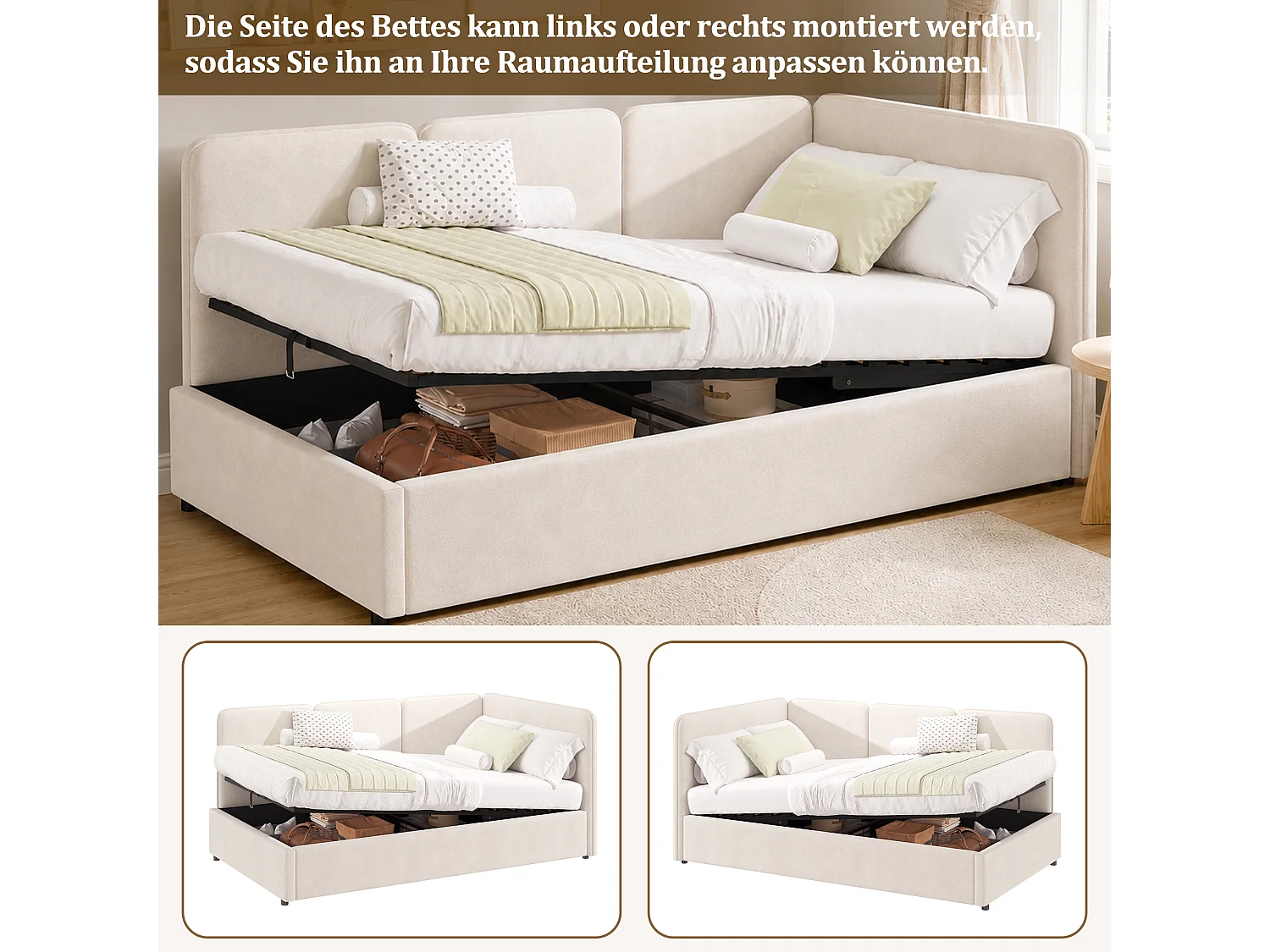 Lit coffre enfant 90 x 200 cm avec rangement hydraulique et panneaux latéraux réversibles - Velours - Beige (Sans matelas)