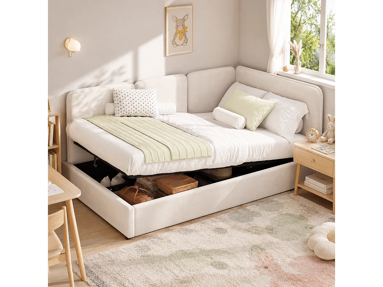 Lit coffre enfant 90 x 200 cm avec rangement hydraulique et panneaux latéraux réversibles - Velours - Beige (Sans matelas)