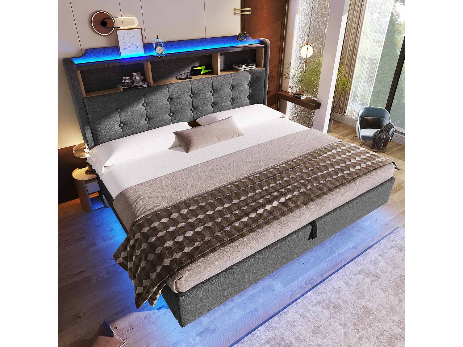 Lit coffre 180 x 200 cm avec coffre hydraulique, LED, compartiment, ports USB et Type-C - Lin - Gris (Sans matelas)
