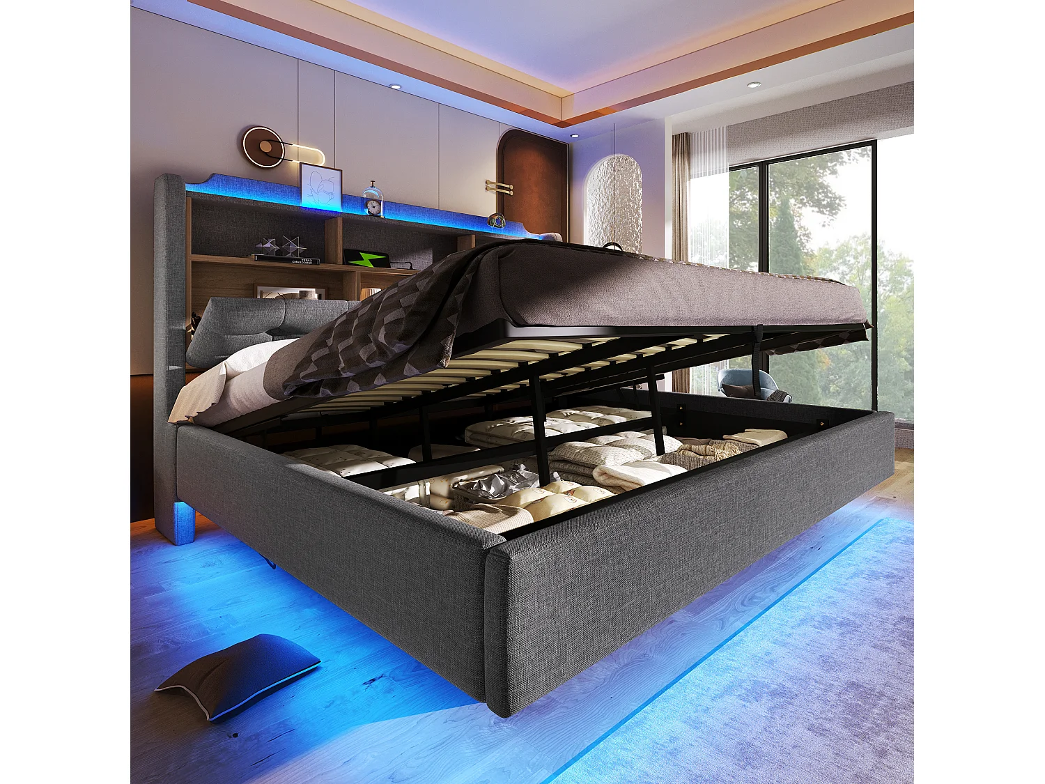 Lit coffre 180 x 200 cm avec coffre hydraulique, LED, compartiment, ports USB et Type-C - Lin - Gris (Sans matelas)