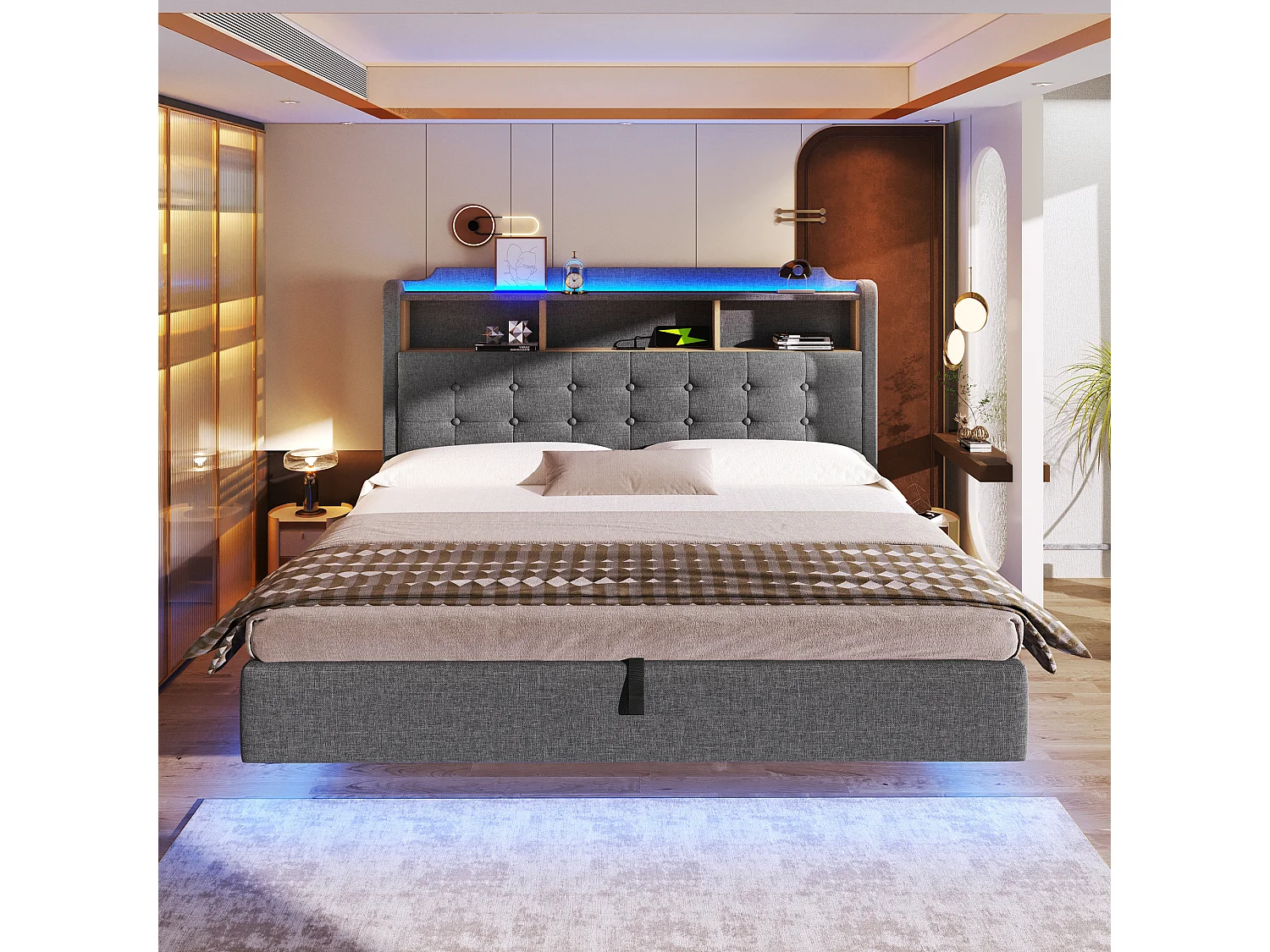Lit coffre 180 x 200 cm avec coffre hydraulique, LED, compartiment, ports USB et Type-C - Lin - Gris (Sans matelas)