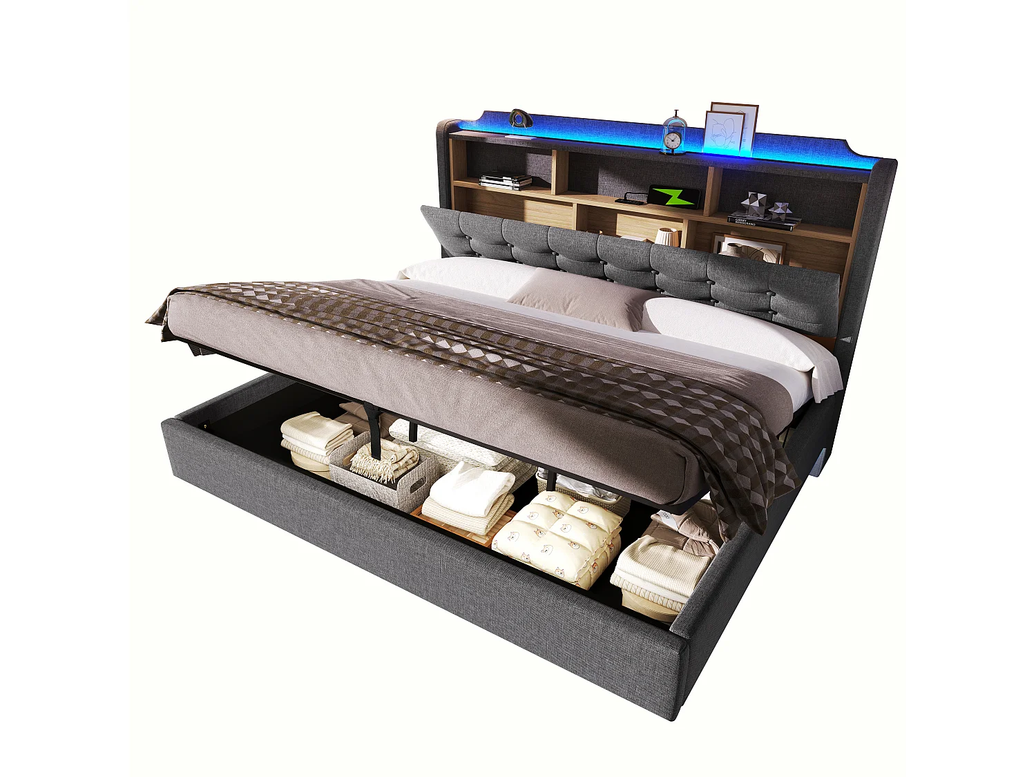 Lit coffre 180 x 200 cm avec coffre hydraulique, LED, compartiment, ports USB et Type-C - Lin - Gris (Sans matelas)