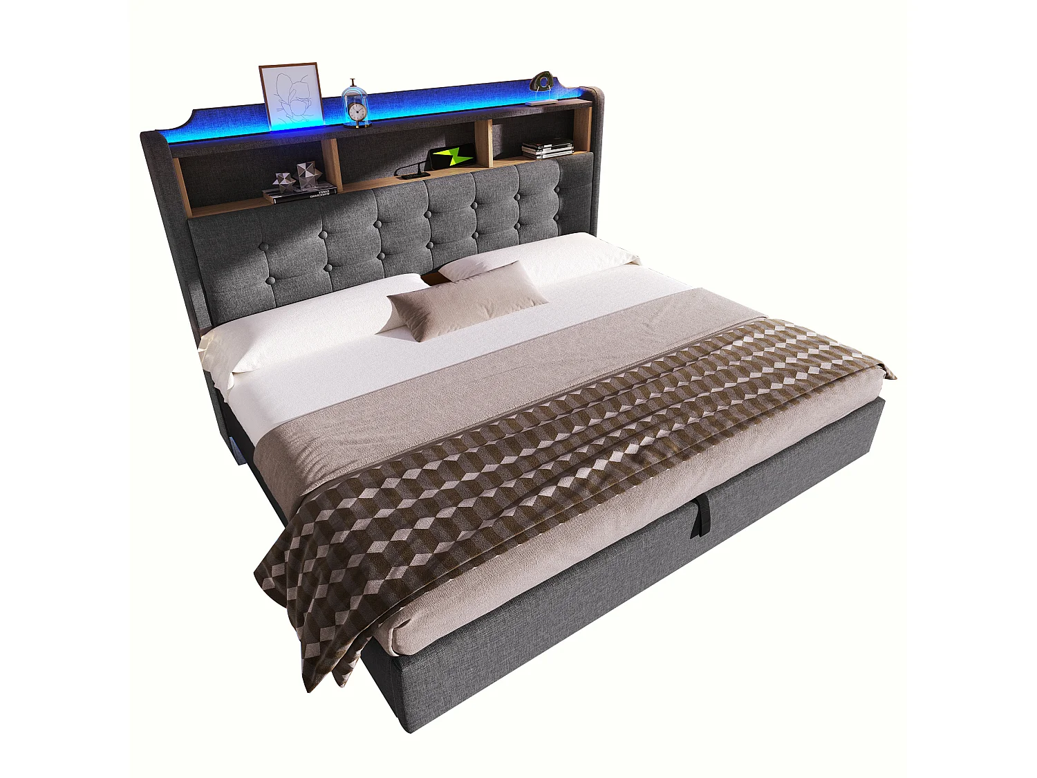 Lit coffre 180 x 200 cm avec coffre hydraulique, LED, compartiment, ports USB et Type-C - Lin - Gris (Sans matelas)
