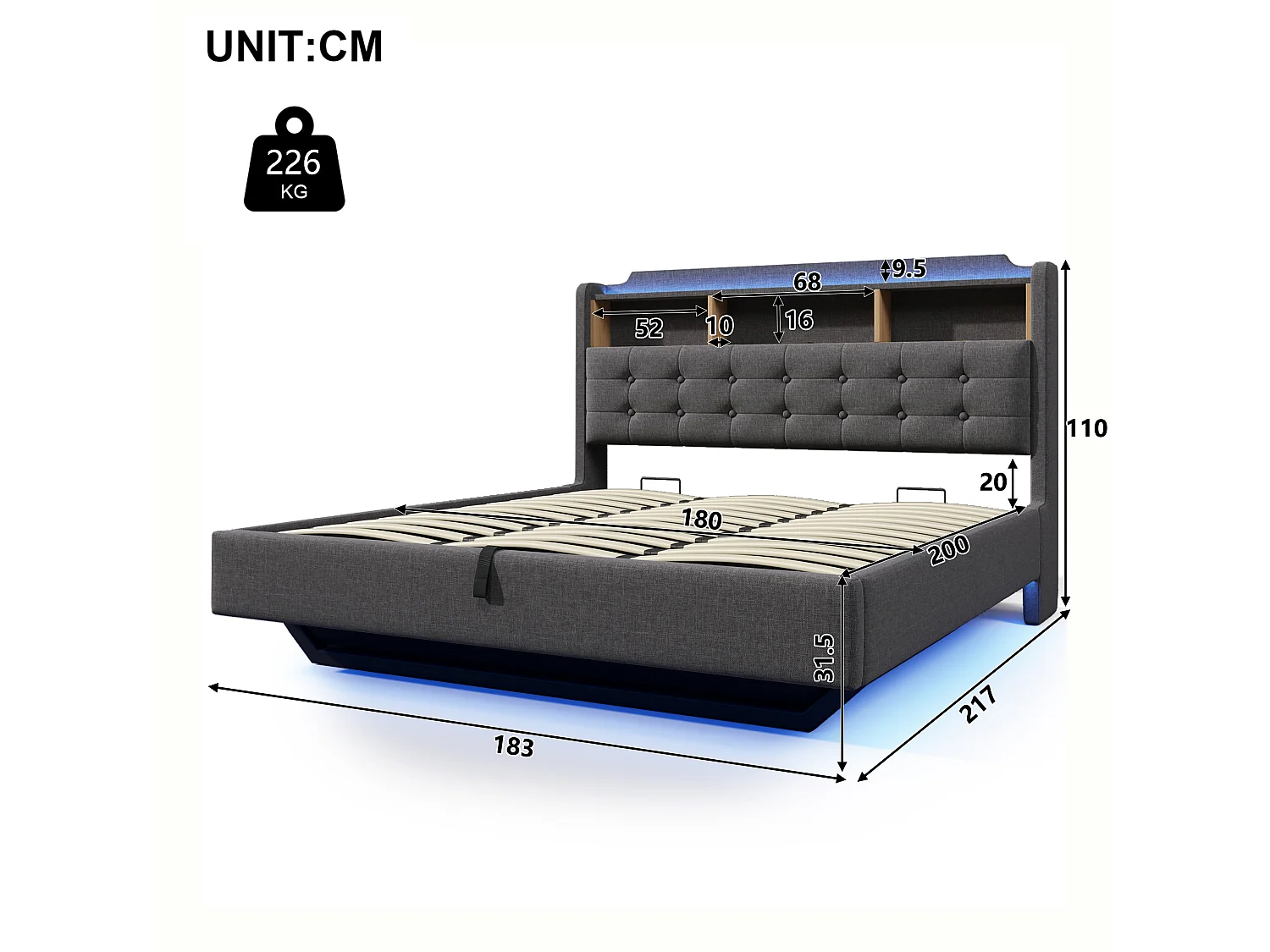 Lit coffre 180 x 200 cm avec coffre hydraulique, LED, compartiment, ports USB et Type-C - Lin - Gris (Sans matelas)