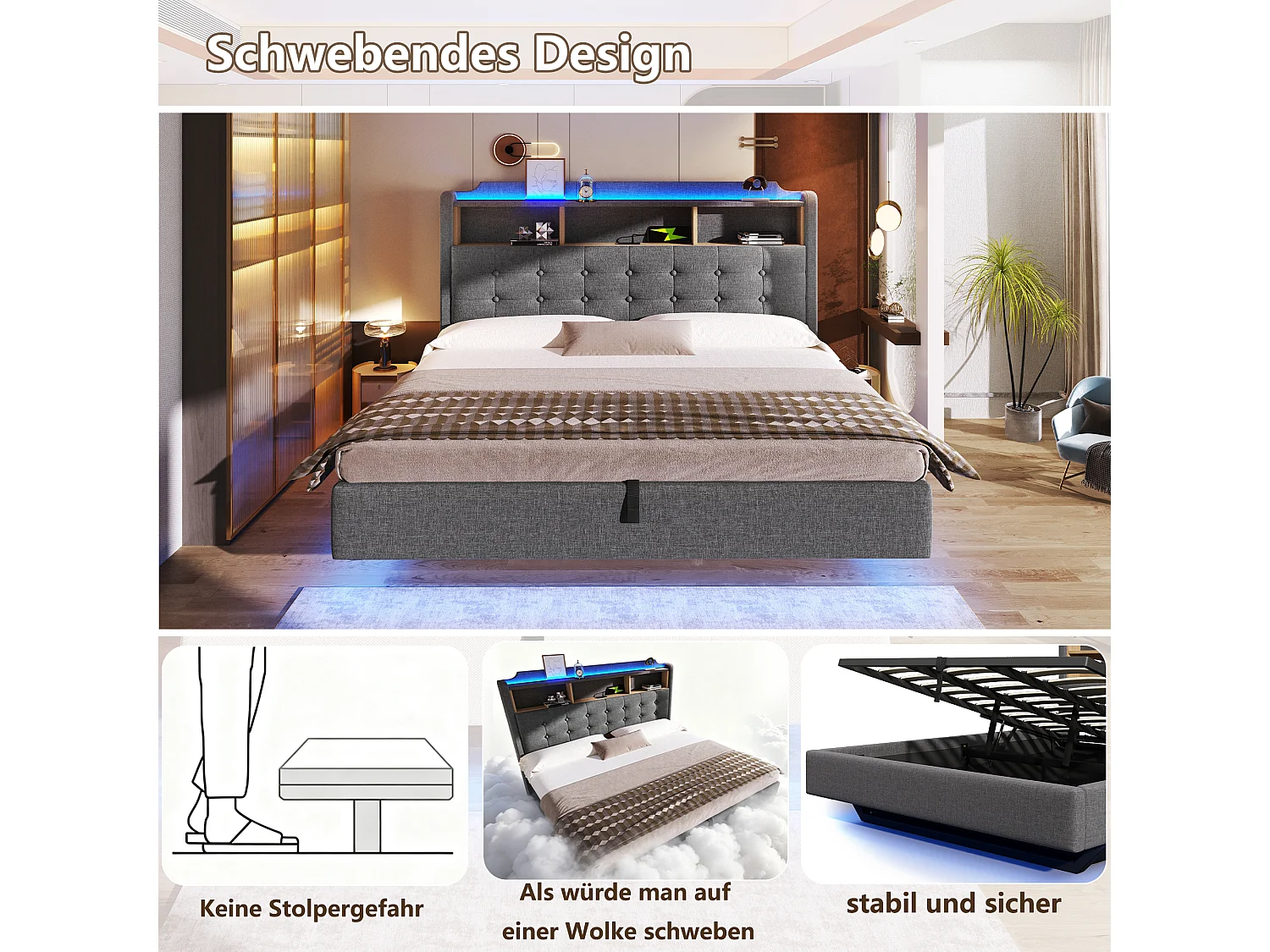 Lit coffre 180 x 200 cm avec coffre hydraulique, LED, compartiment, ports USB et Type-C - Lin - Gris (Sans matelas)