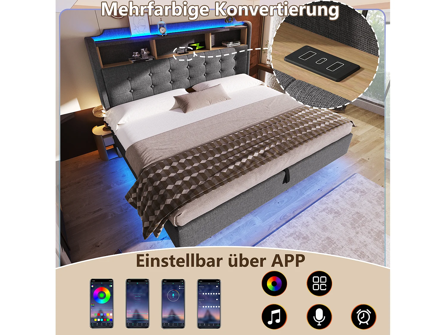 Lit coffre 180 x 200 cm avec coffre hydraulique, LED, compartiment, ports USB et Type-C - Lin - Gris (Sans matelas)