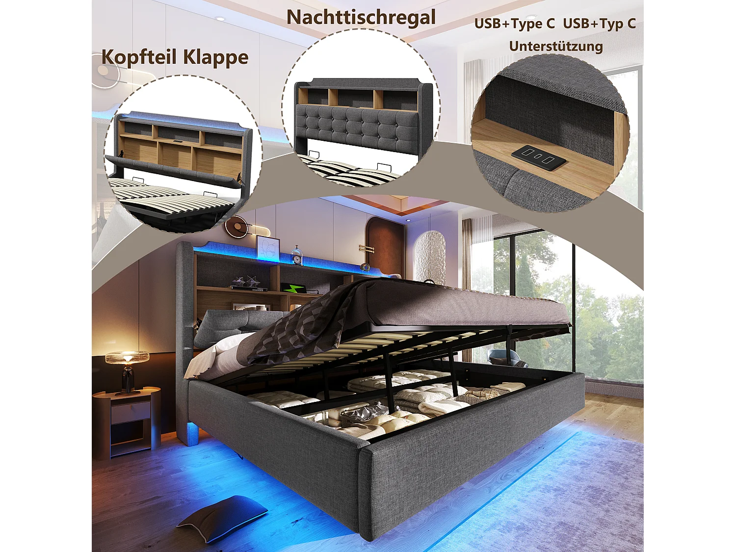 Lit coffre 180 x 200 cm avec coffre hydraulique, LED, compartiment, ports USB et Type-C - Lin - Gris (Sans matelas)