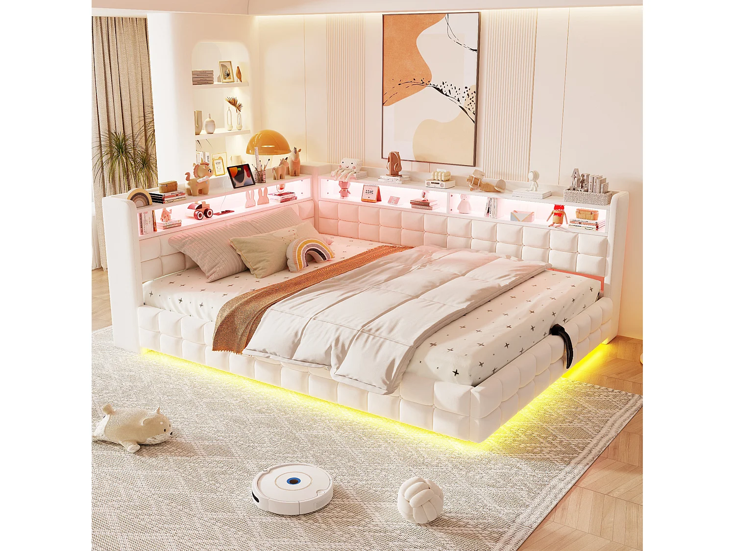 Letto contenitore 140 x 200 cm con ripiani a giorno, illuminazione a LED, prese USB e Type-C - Velluto + MDF - Beige (Materasso non incluso)