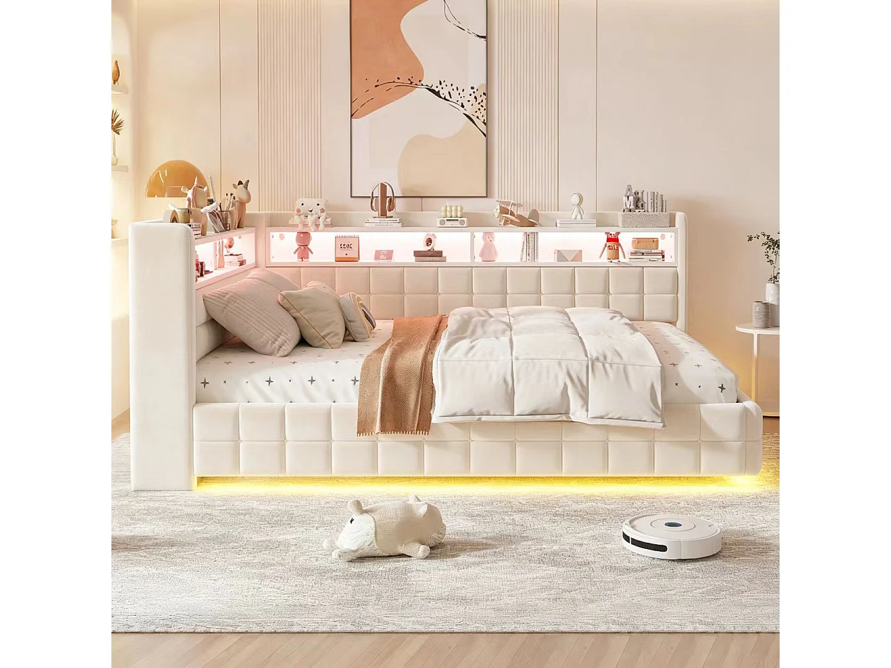 Letto contenitore 140 x 200 cm con ripiani a giorno, illuminazione a LED, prese USB e Type-C - Velluto + MDF - Beige (Materasso non incluso)