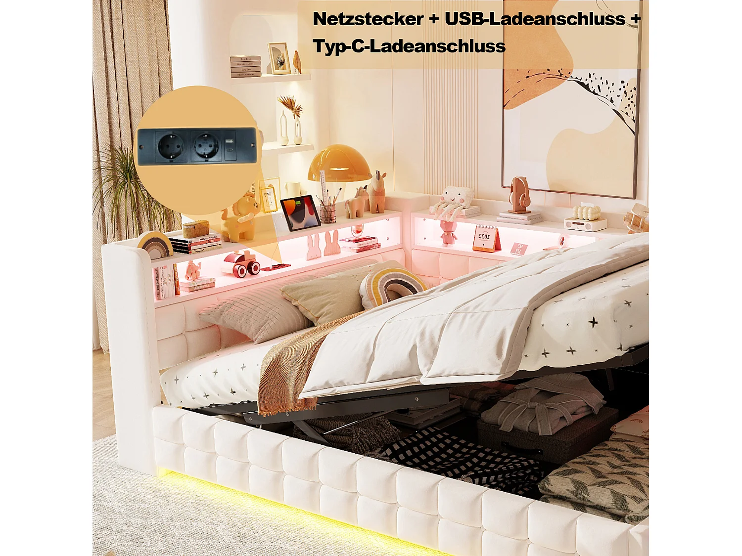 Letto contenitore 140 x 200 cm con ripiani a giorno, illuminazione a LED, prese USB e Type-C - Velluto + MDF - Beige (Materasso non incluso)