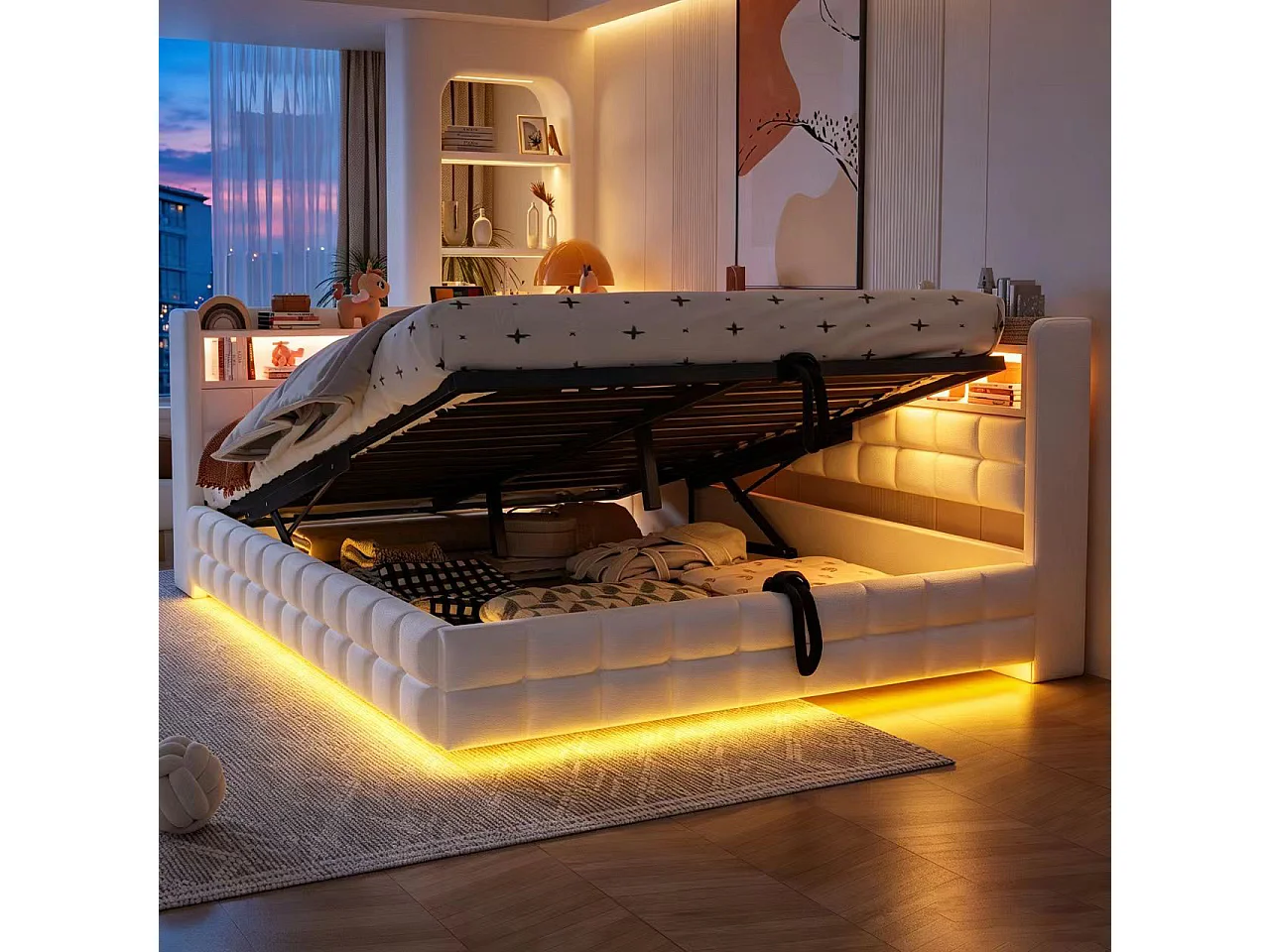 Letto contenitore 140 x 200 cm con ripiani a giorno, illuminazione a LED, prese USB e Type-C - Velluto + MDF - Beige (Materasso non incluso)