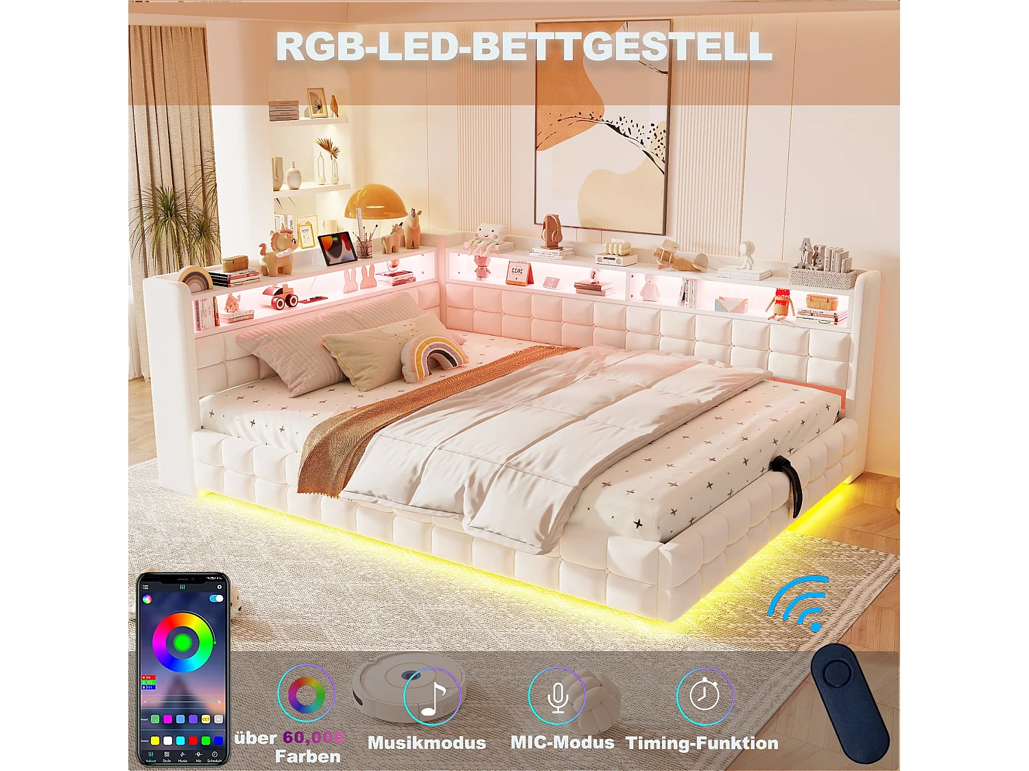 Letto contenitore 140 x 200 cm con ripiani a giorno, illuminazione a LED, prese USB e Type-C - Velluto + MDF - Beige (Materasso non incluso)