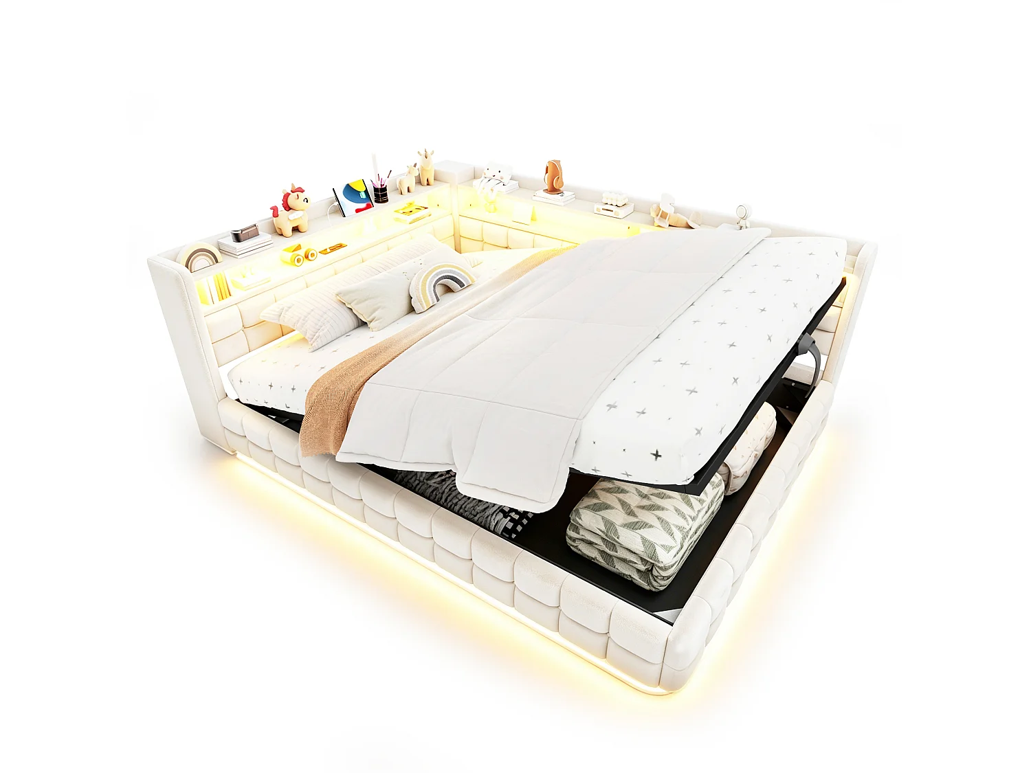 Letto contenitore 140 x 200 cm con ripiani a giorno, illuminazione a LED, prese USB e Type-C - Velluto + MDF - Beige (Materasso non incluso)