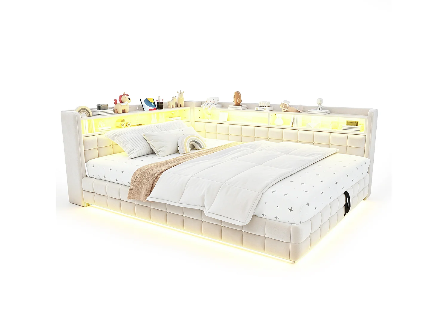 Letto contenitore 140 x 200 cm con ripiani a giorno, illuminazione a LED, prese USB e Type-C - Velluto + MDF - Beige (Materasso non incluso)