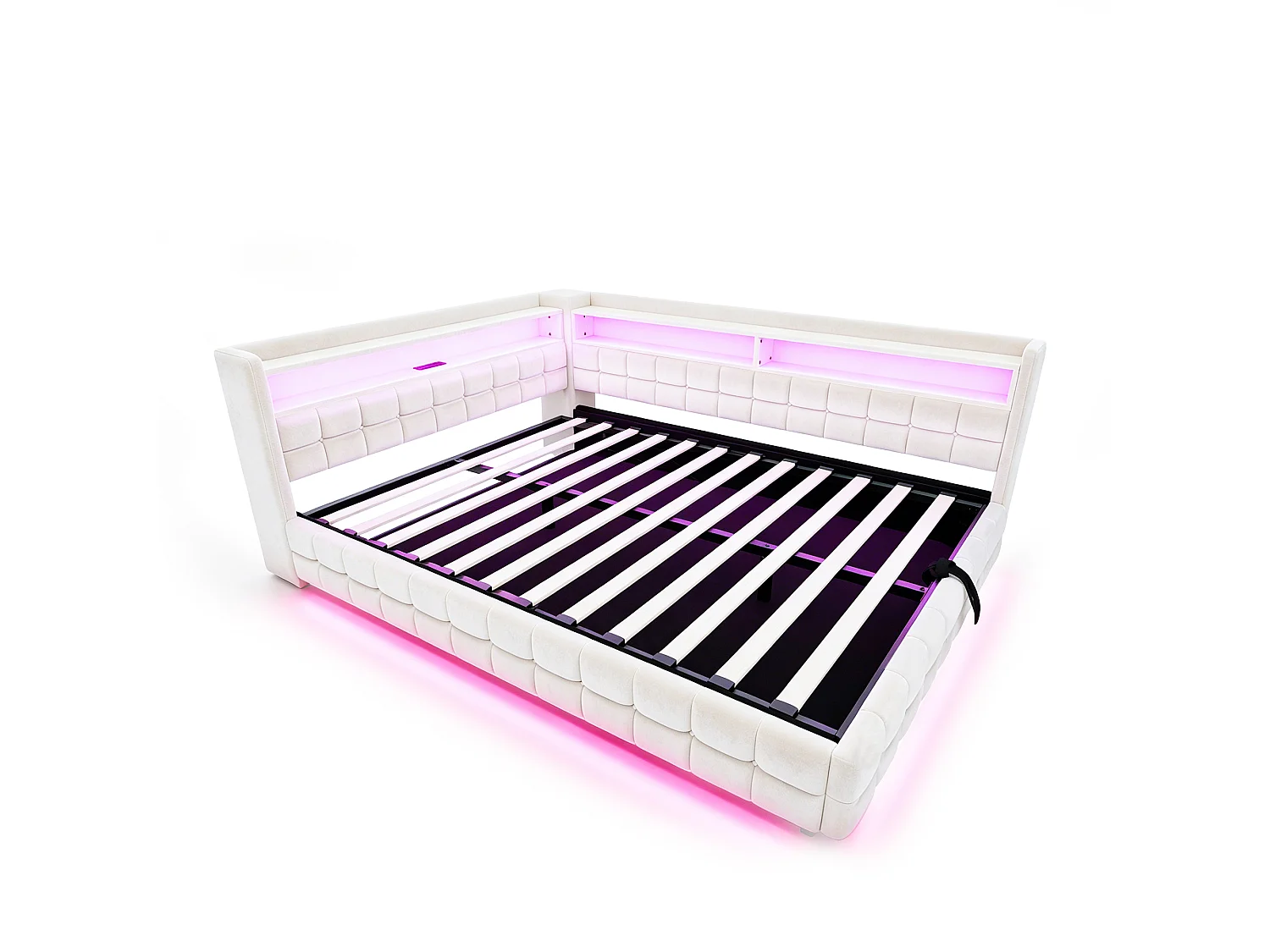Letto contenitore 140 x 200 cm con ripiani a giorno, illuminazione a LED, prese USB e Type-C - Velluto + MDF - Beige (Materasso non incluso)
