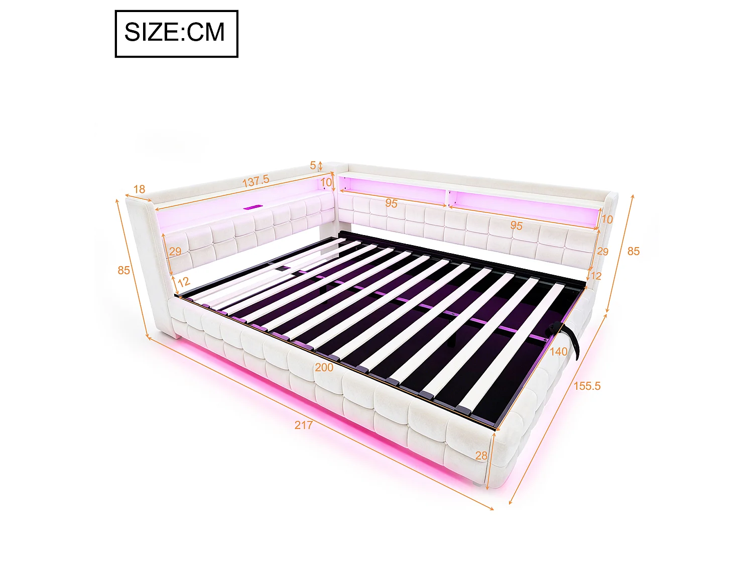 Letto contenitore 140 x 200 cm con ripiani a giorno, illuminazione a LED, prese USB e Type-C - Velluto + MDF - Beige (Materasso non incluso)