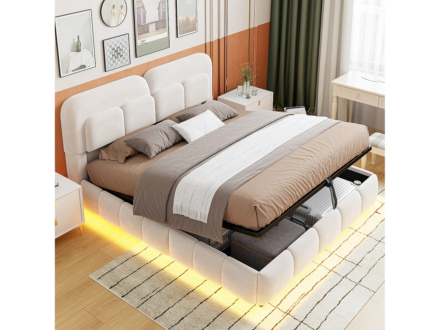 Lit coffre 140 x 200 cm avec coffre de rangement hydraulique et LED - Velours + métal - Beige (Sans matelas)