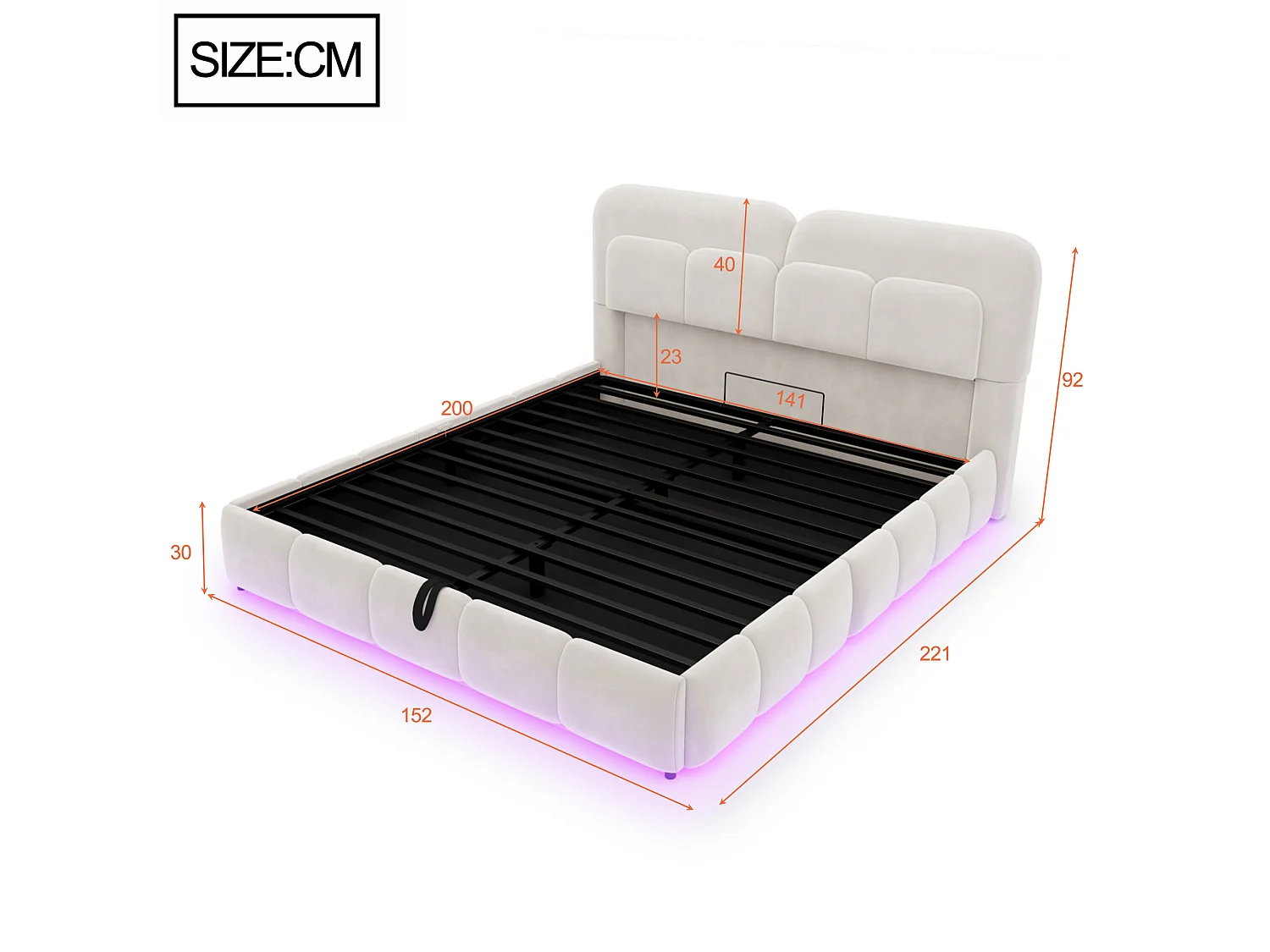 Lit coffre 140 x 200 cm avec coffre de rangement hydraulique et LED - Velours + métal - Beige (Sans matelas)