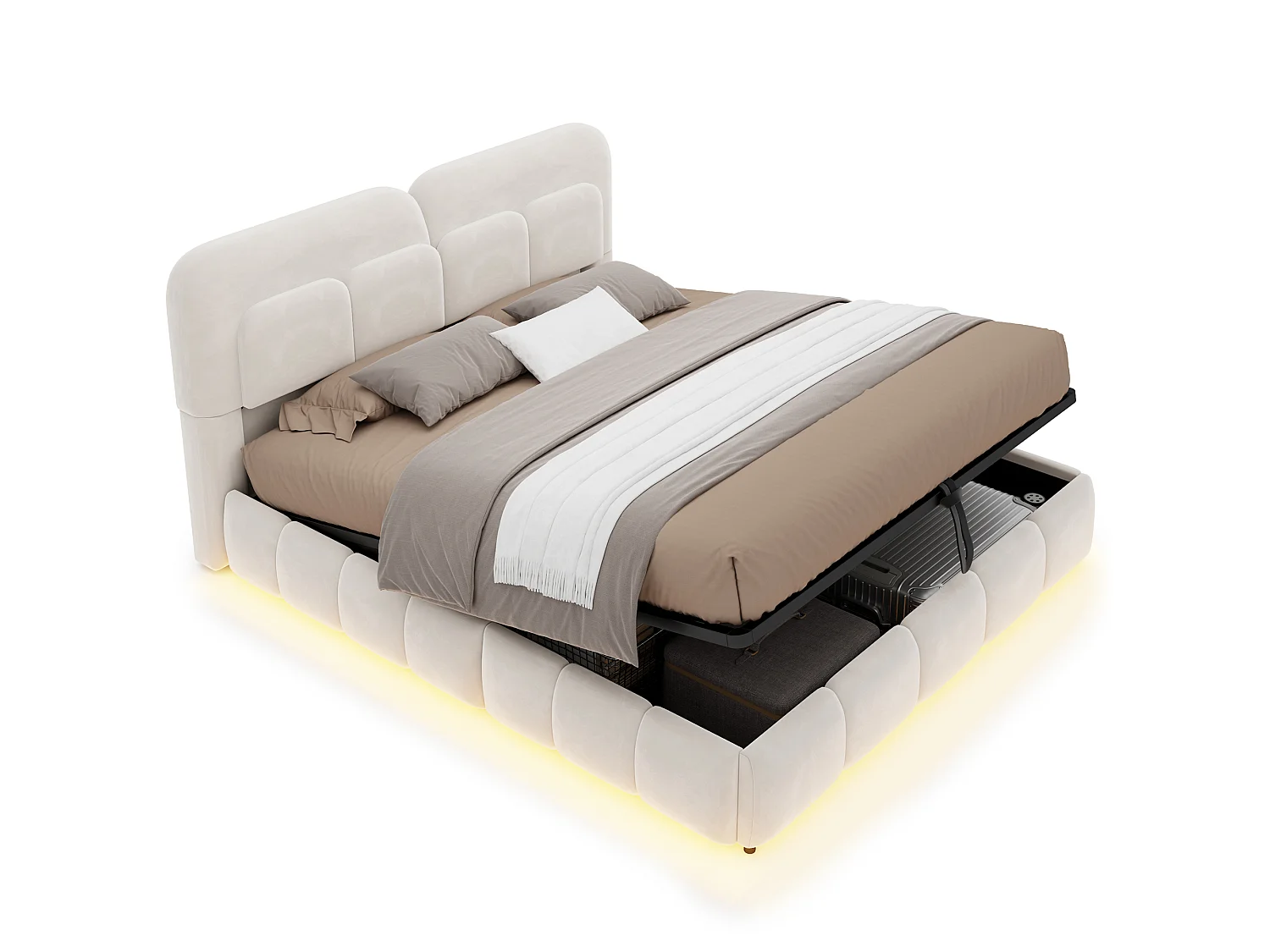 Lit coffre 140 x 200 cm avec coffre de rangement hydraulique et LED - Velours + métal - Beige (Sans matelas)