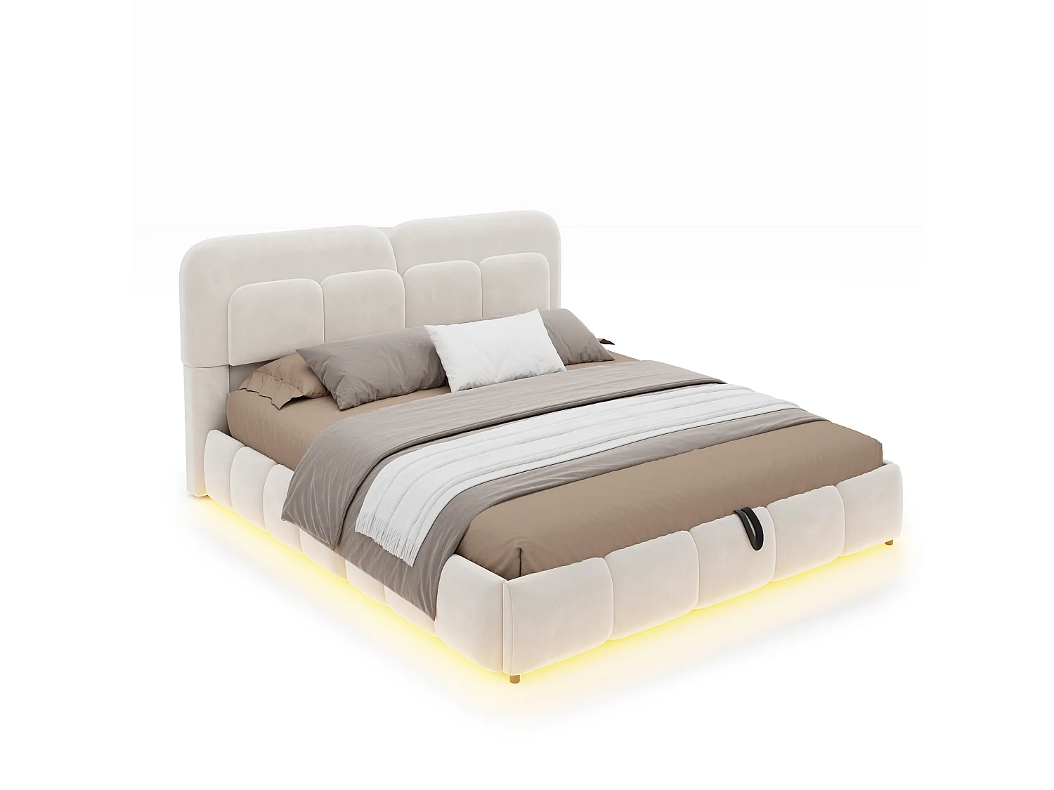 Lit coffre 140 x 200 cm avec coffre de rangement hydraulique et LED - Velours + métal - Beige (Sans matelas)