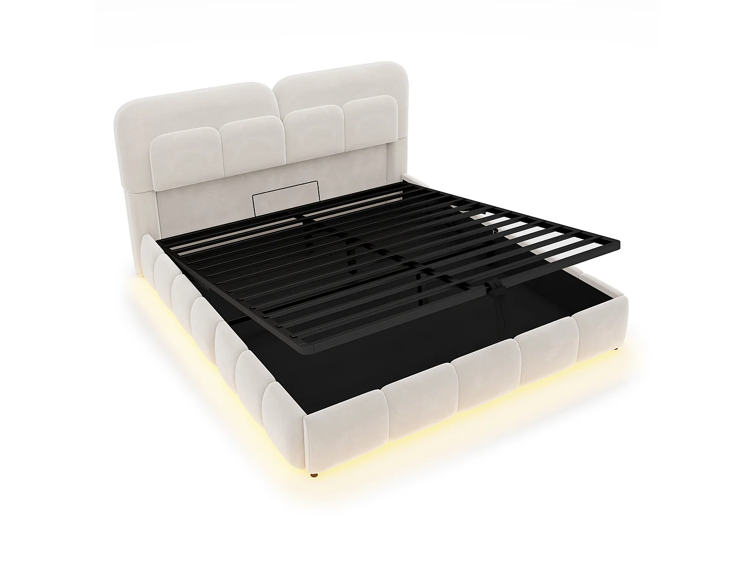 Lit coffre 140 x 200 cm avec coffre de rangement hydraulique et LED - Velours + métal - Beige (Sans matelas)