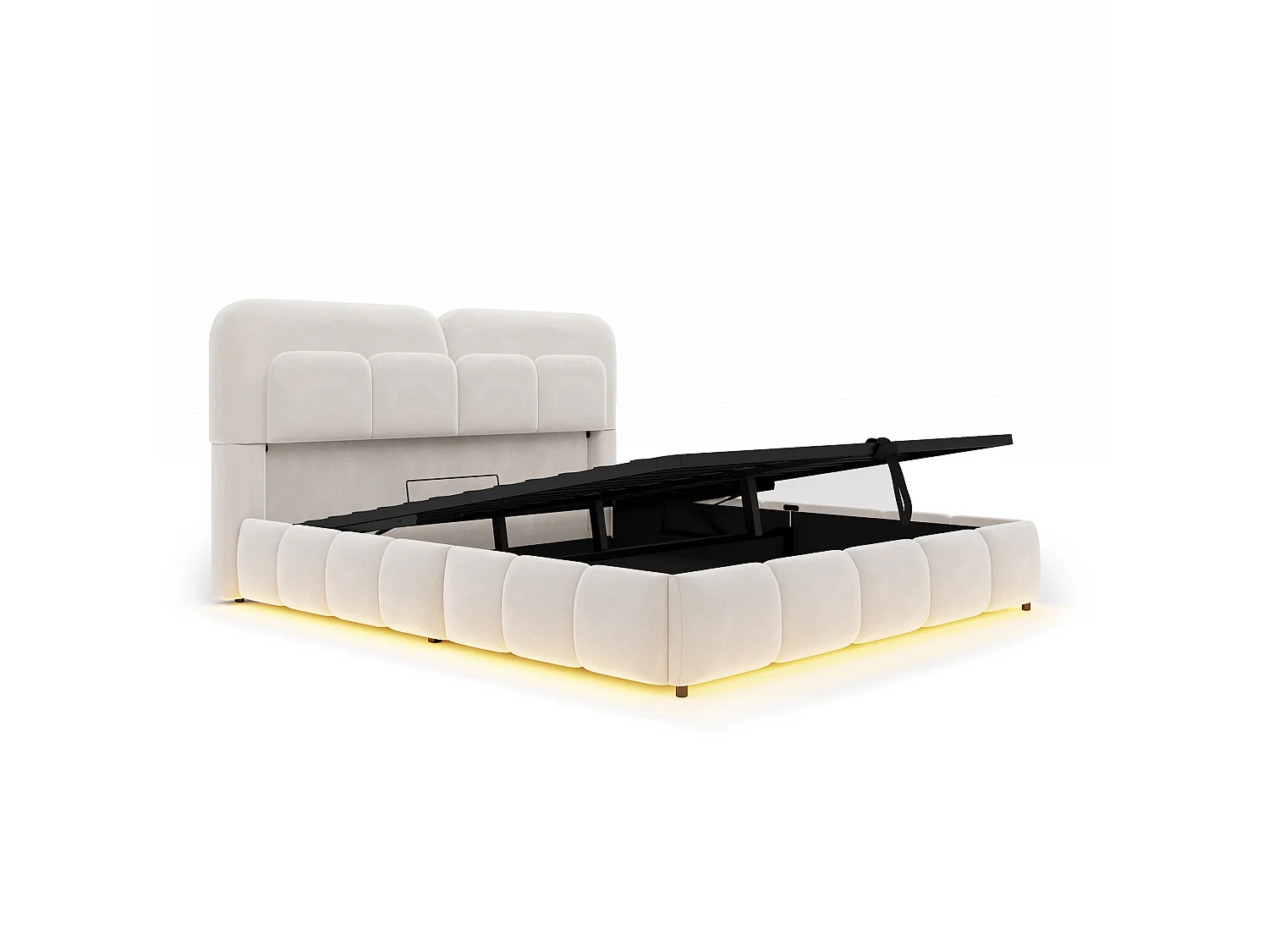 Lit coffre 140 x 200 cm avec coffre de rangement hydraulique et LED - Velours + métal - Beige (Sans matelas)