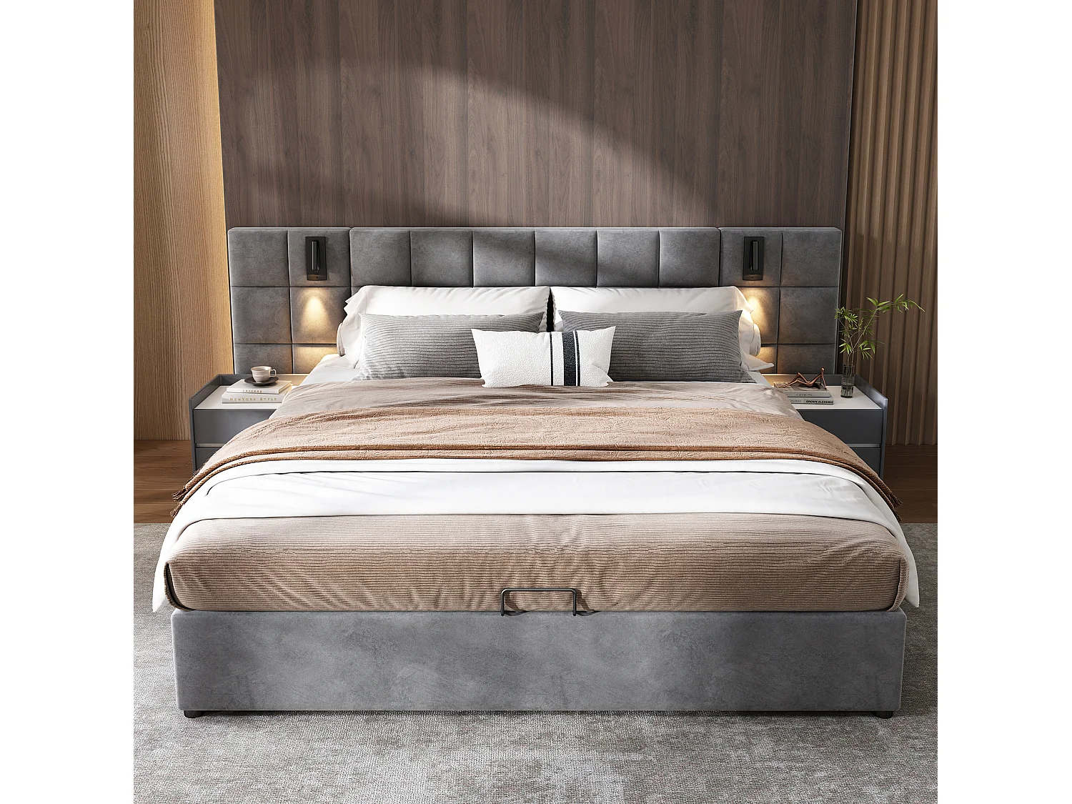 Lit coffre 180 x 200 cm avec tête de lit large rembourrée de mousse - Lampes lecture + prise USB - Velours - Gris (Sans matelas)
